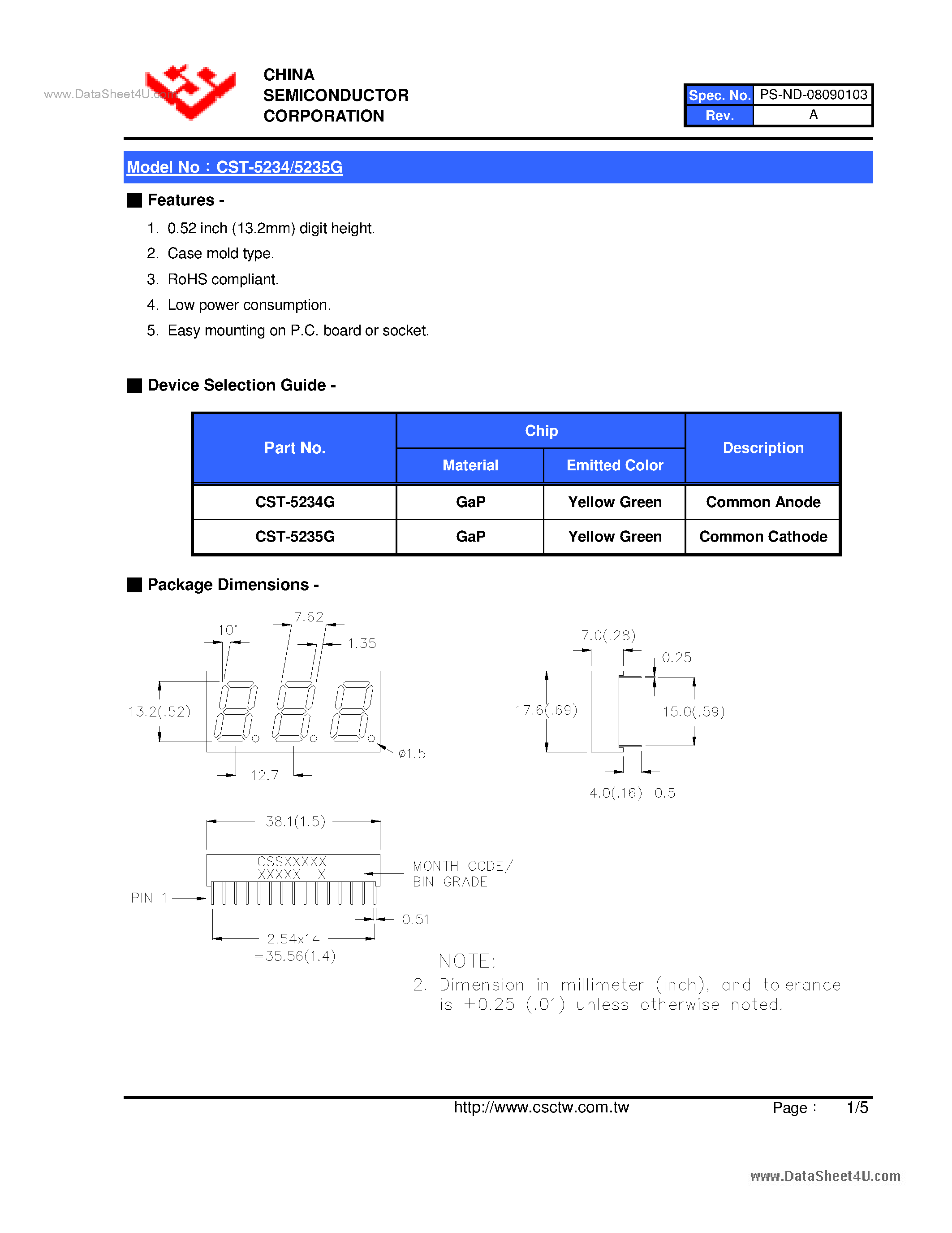 Datasheet CST-5234G page 2 Datasheet CST-5234G - (CST-5234G / CST-5235G) 0.52 Inch Triad Digit Display page 2