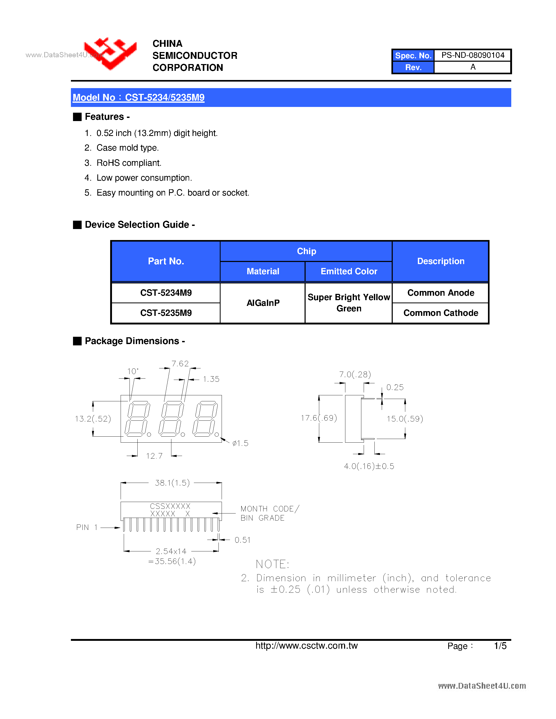Datasheet CST-5234M9 page 2 Datasheet CST-5234M9 - (CST-5234M9 / CST-5235M9) 0.52 Inch Triad Digit Display page 2