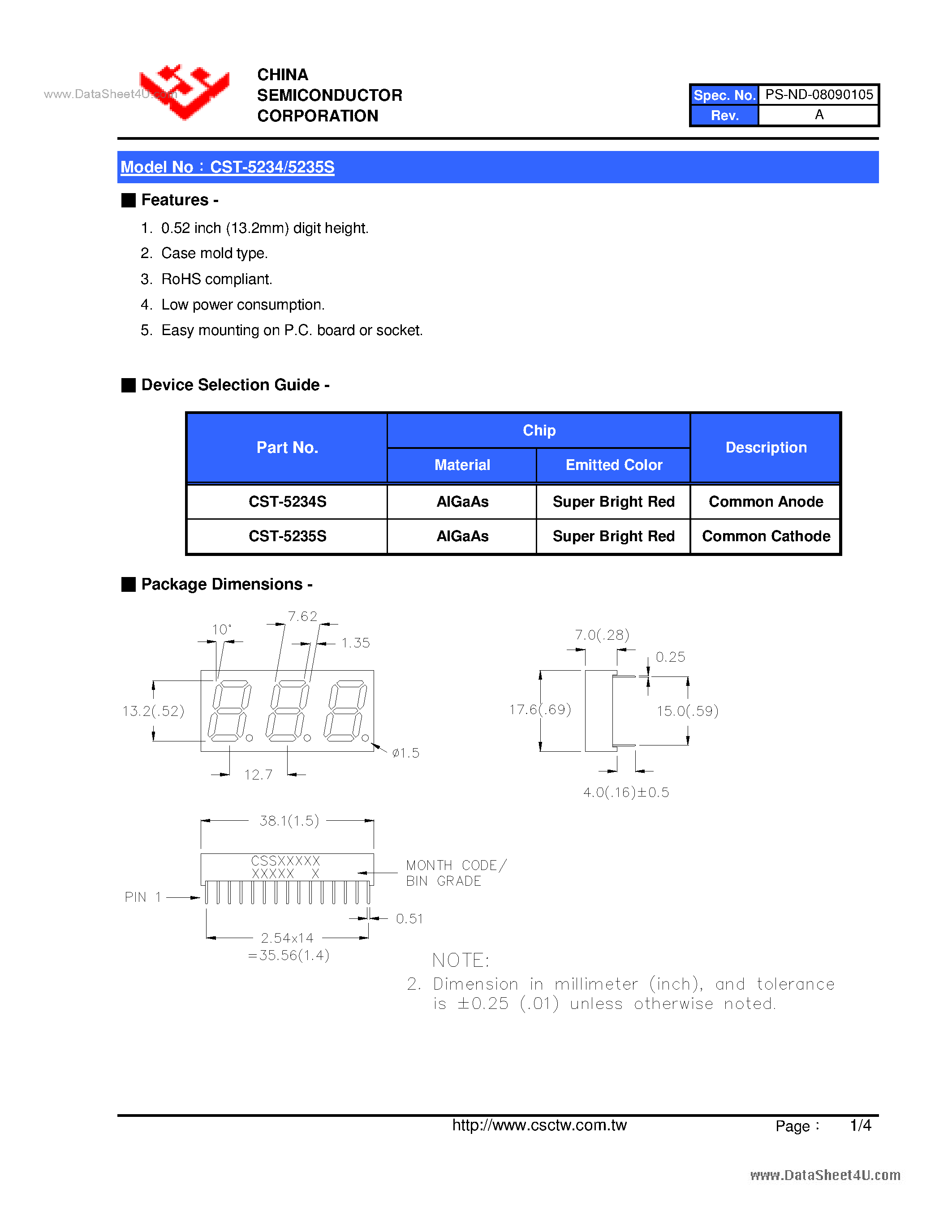Datasheet CST-5234S page 2 Datasheet CST-5234S - (CST-5234S / CST-5235S) 0.52 Inch Triad Digits Display page 2
