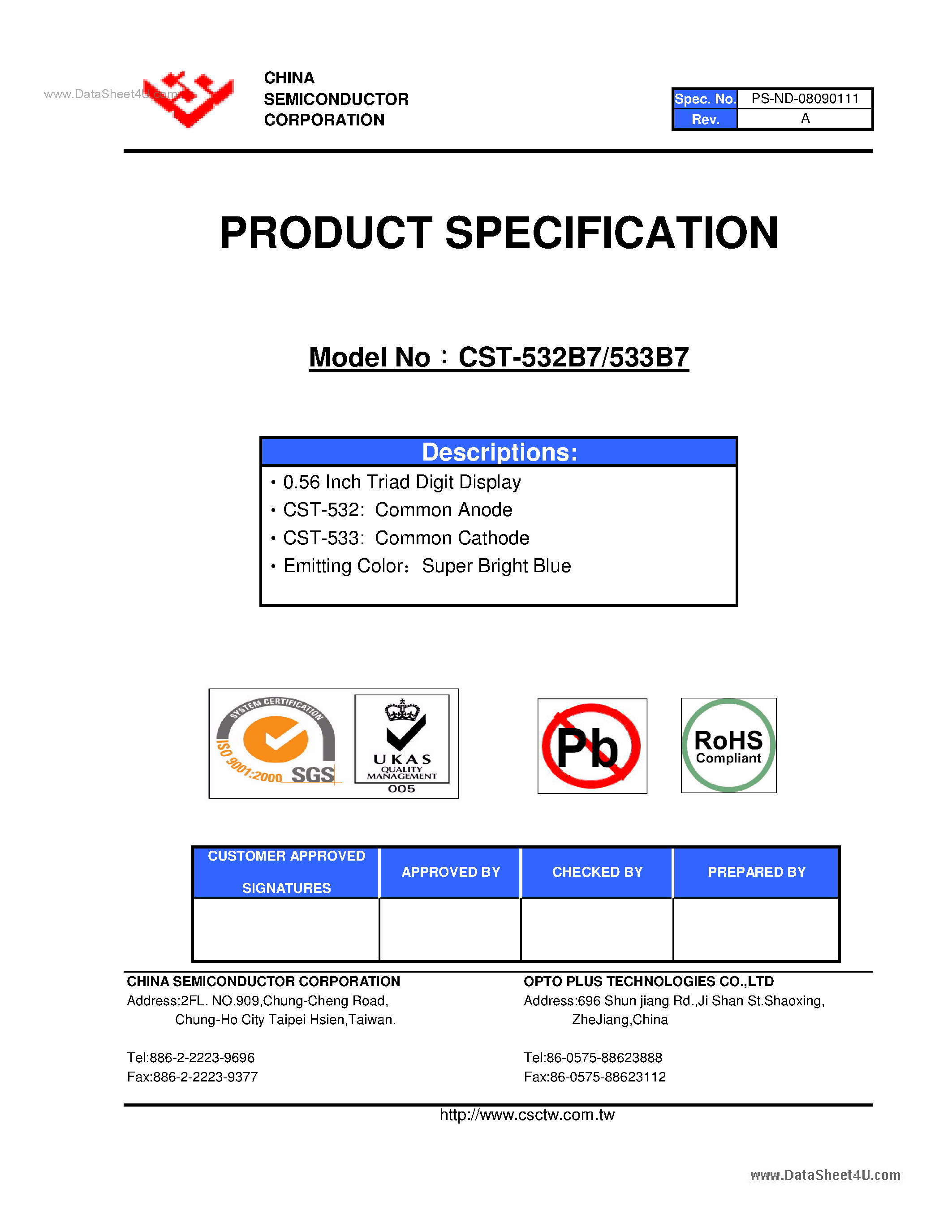 Datasheet CST-532B7 page 1 Datasheet CST-532B7 - (CST-532B7 / CST-533B7) 0.56 Inch Triad Digit Display page 1
