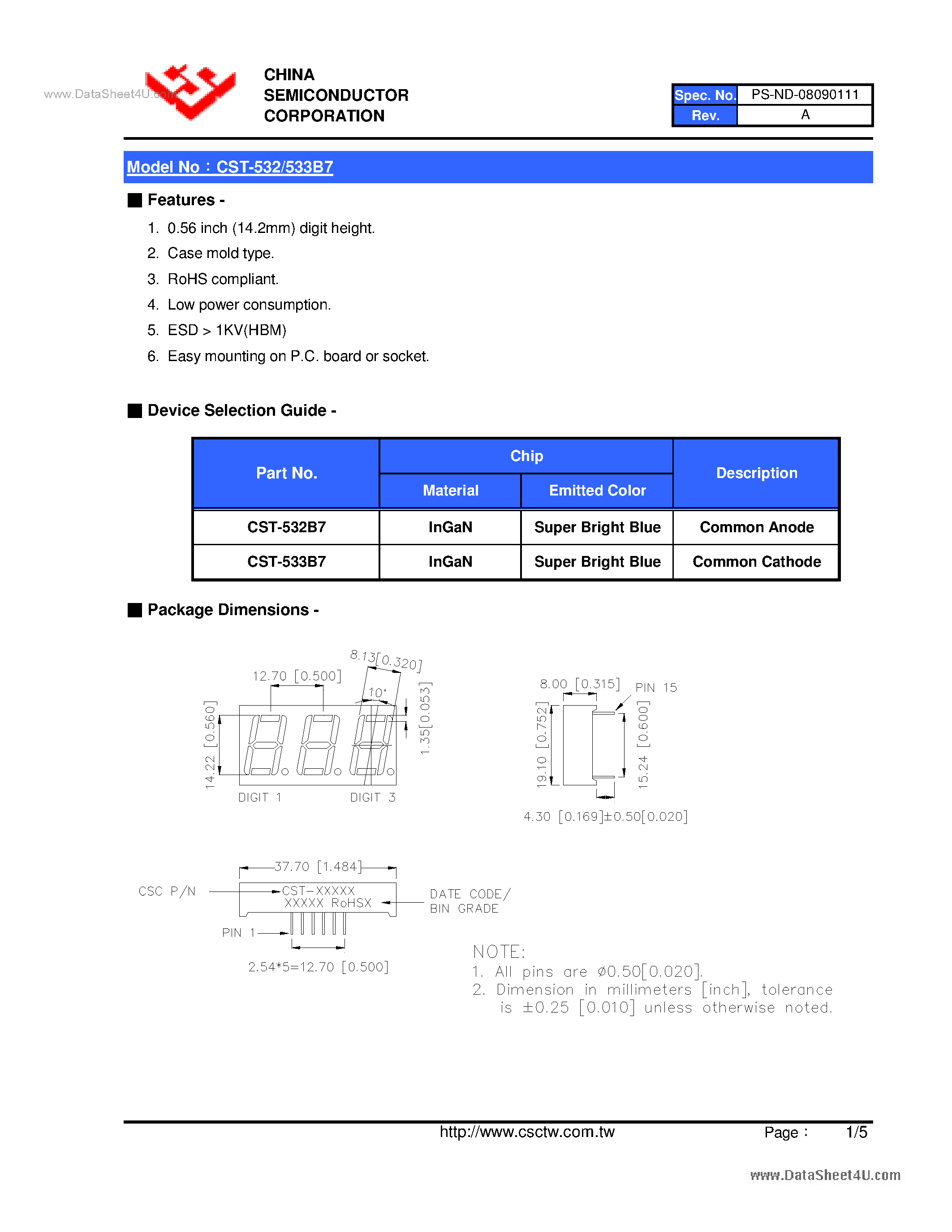 Datasheet CST-532B7 page 2 Datasheet CST-532B7 - (CST-532B7 / CST-533B7) 0.56 Inch Triad Digit Display page 2