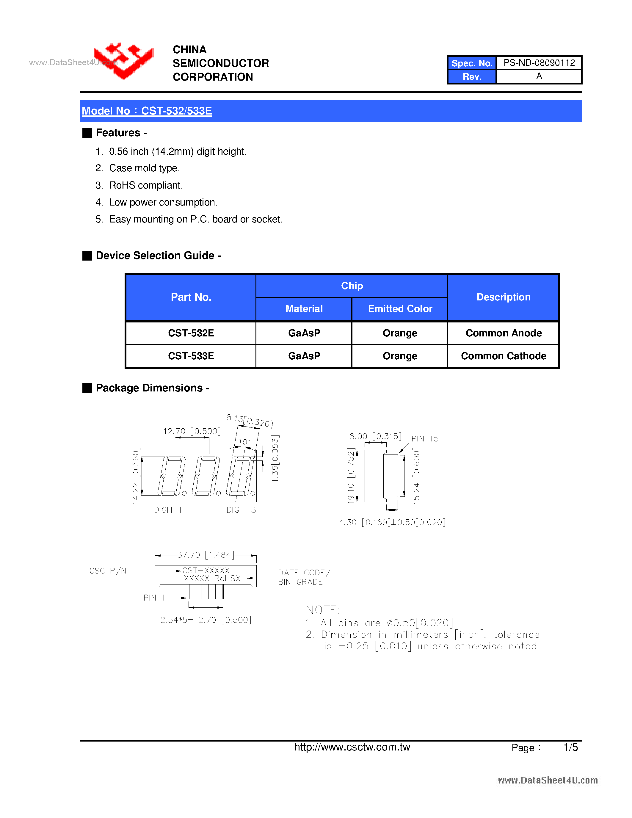 Datasheet CST-532E page 2 Datasheet CST-532E - (CST-532E / CST-533E) 0.56 Inch Triad Digit Display page 2