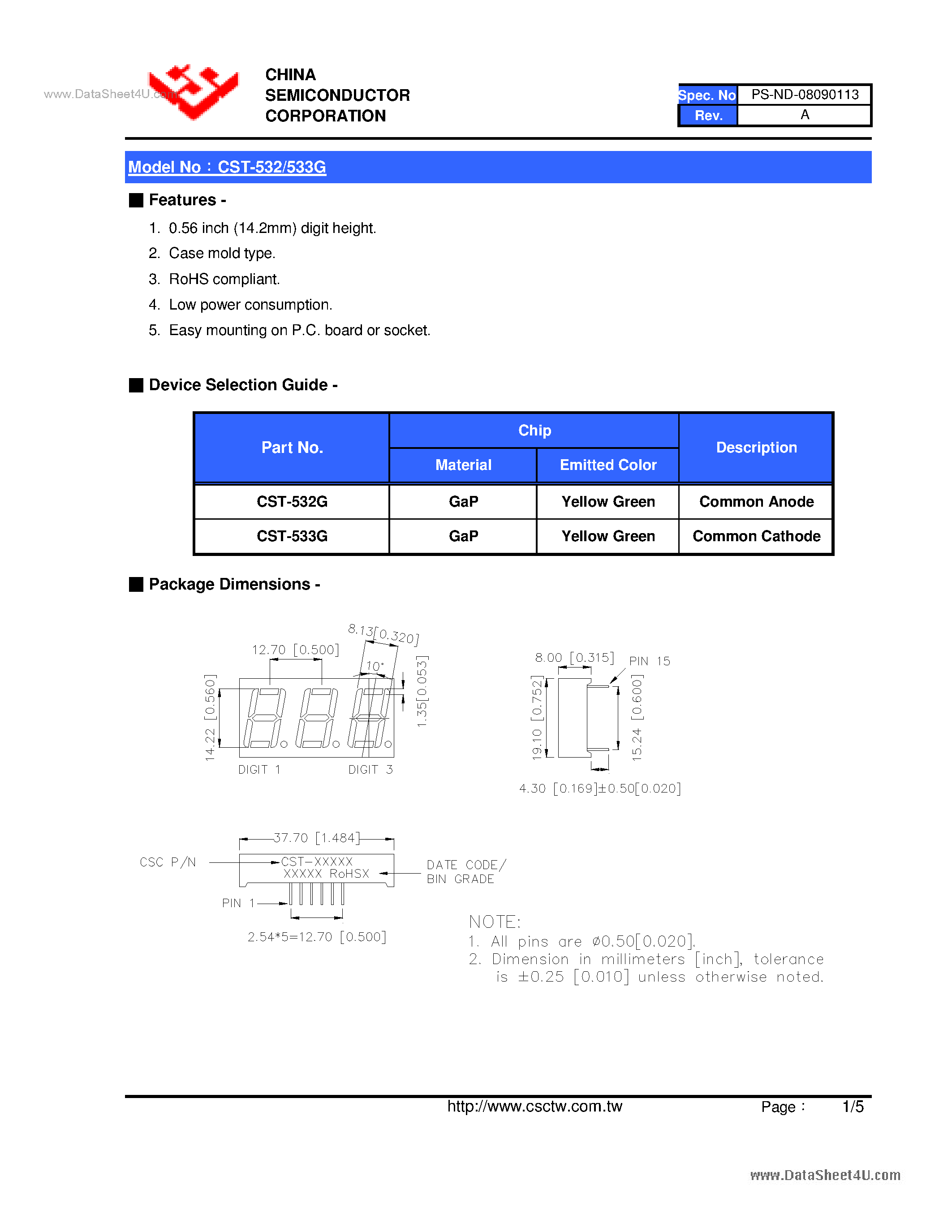 Datasheet CST-532G page 2 Datasheet CST-532G - (CST-532G / CST-533G) 0.56 Inch Triad Digit Display page 2