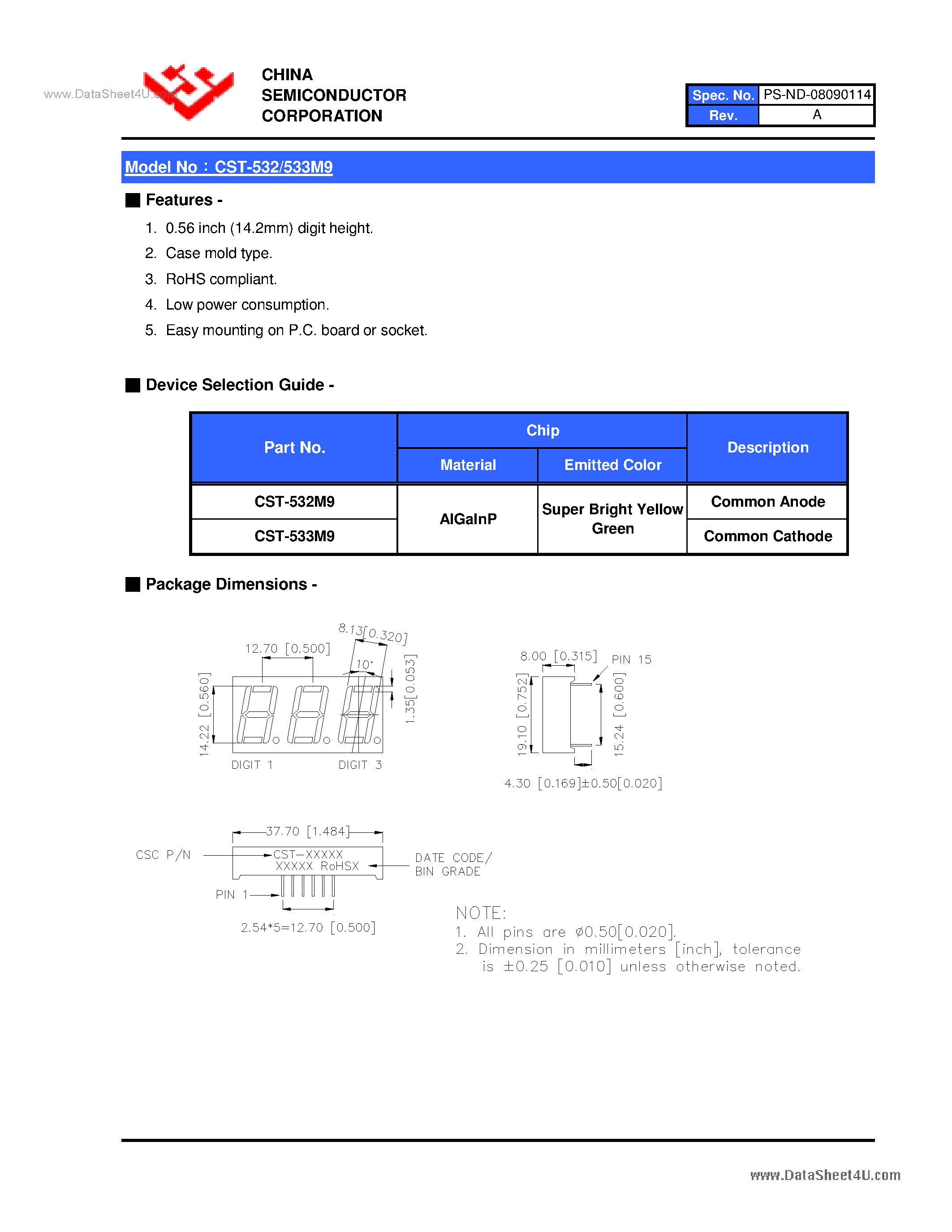 Datasheet CST-532M9 page 2 Datasheet CST-532M9 - (CST-532M9 / CST-533M9) 0.56 Inch Triad Digit Display page 2