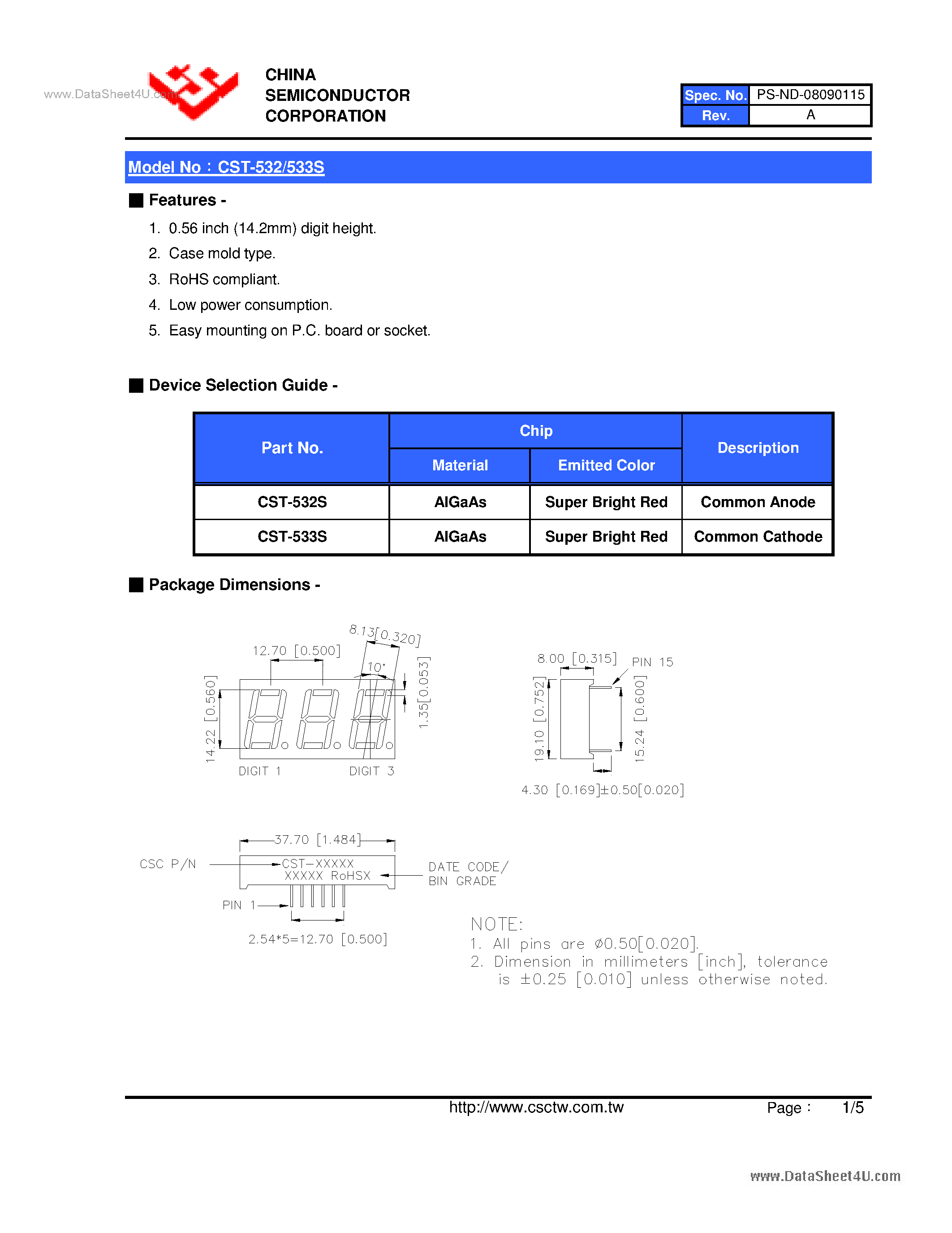 Datasheet CST-532S page 2 Datasheet CST-532S - (CST-532S / CST-533S) 0.56 Inch Triad Digit Display page 2