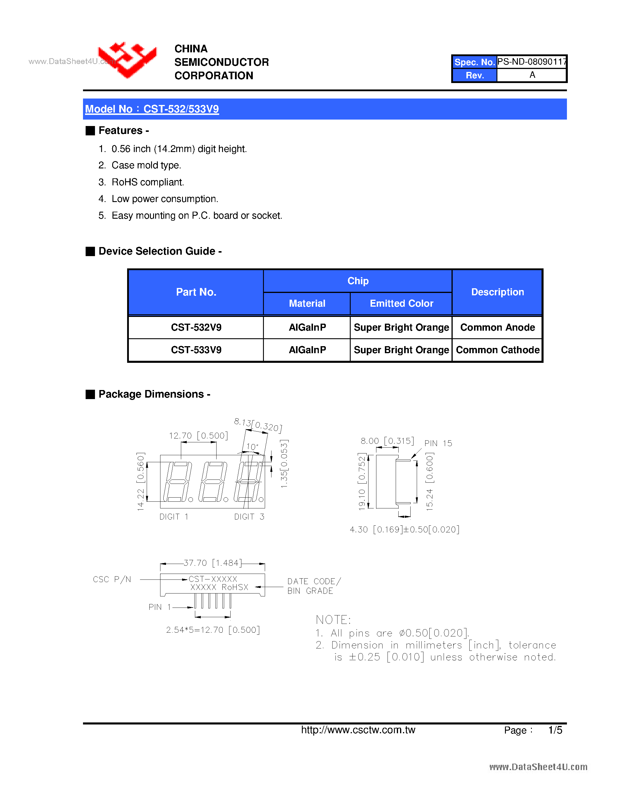 Datasheet CST-532V9 page 2 Datasheet CST-532V9 - (CST-532V9 / CST-533V9) 0.56 Inch Triad Digit Display page 2