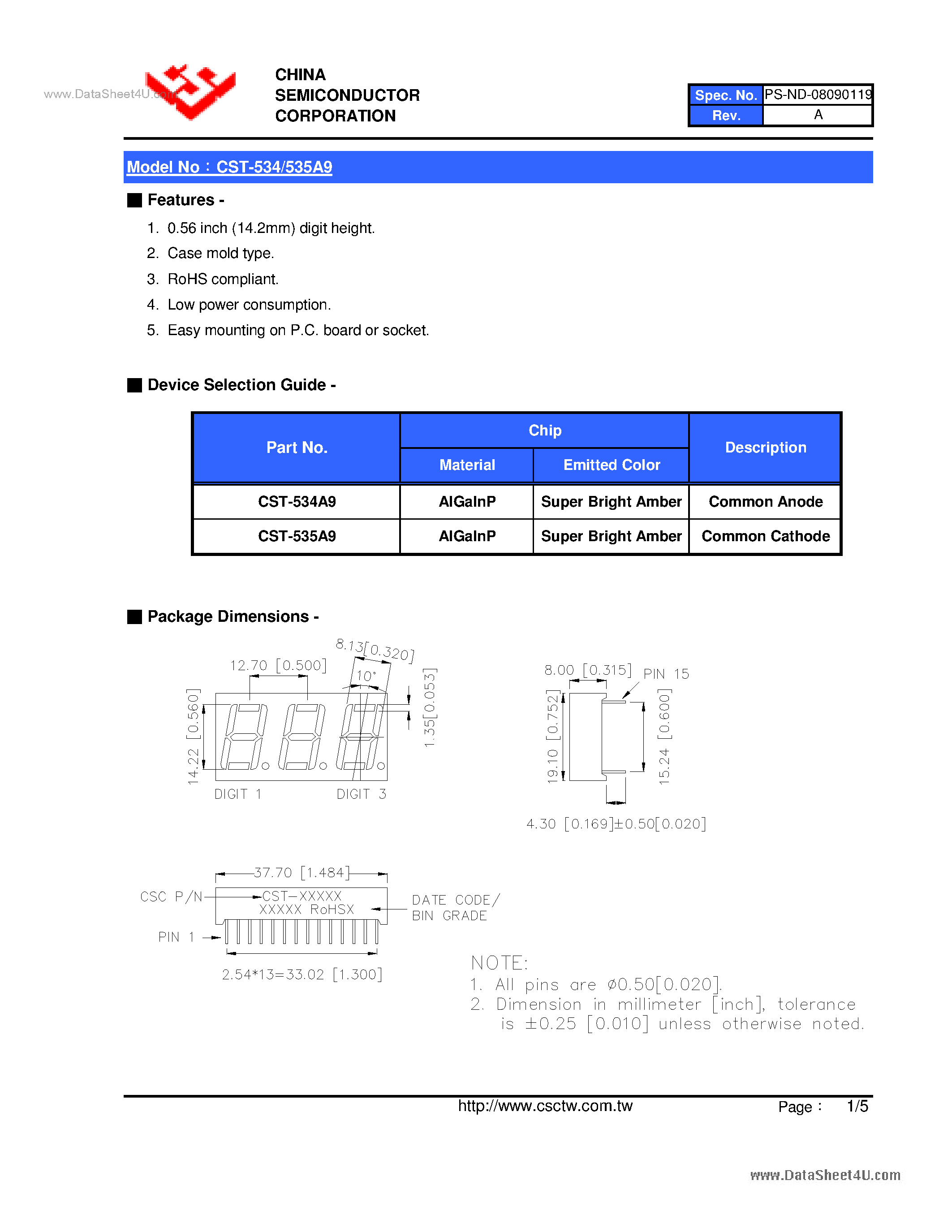 Datasheet CST-534A9 page 2 Datasheet CST-534A9 - (CST-534A9 / CST-535A9) 0.56 Inch Triad Digit Display page 2