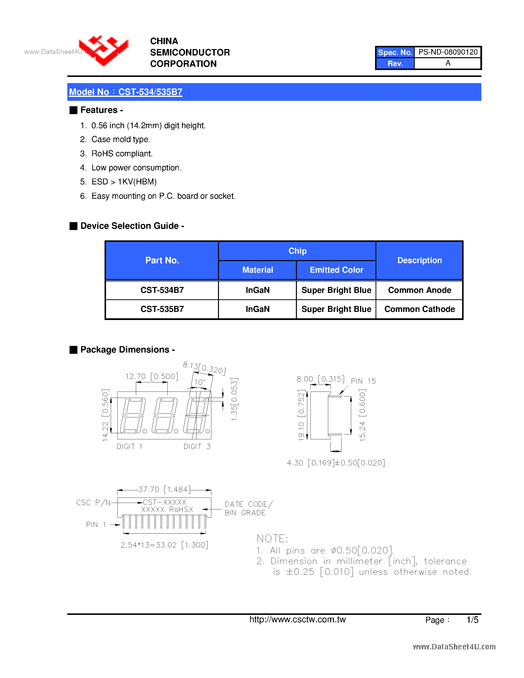 Datasheet CST-534B7 page 2 Datasheet CST-534B7 - (CST-534B7 / CST-535B7) 0.56 Inch Triad Digit Display page 2