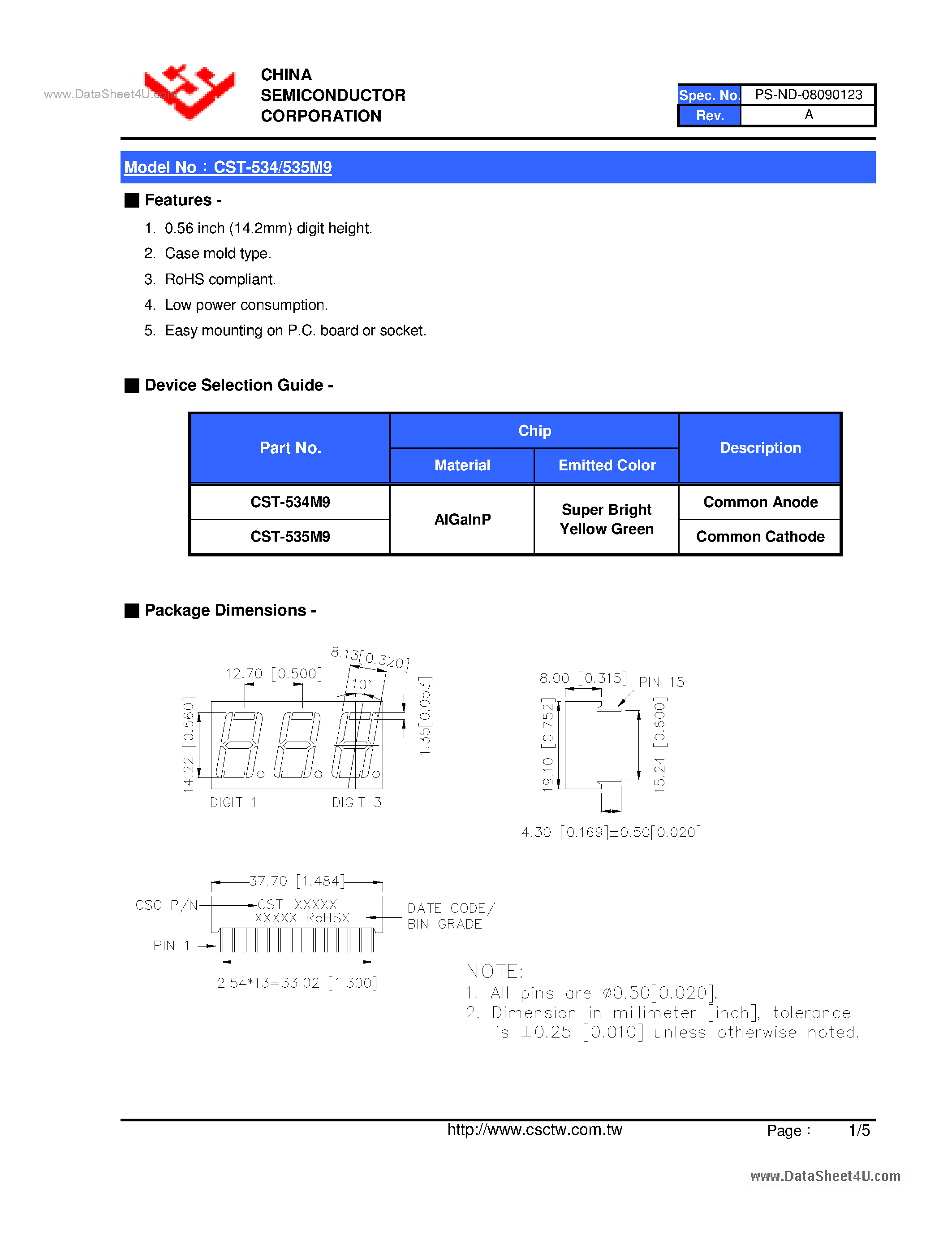 Datasheet CST-534M9 page 2 Datasheet CST-534M9 - (CST-534M9 / CST-535M9) 0.56 Inch Triad Digit Display page 2