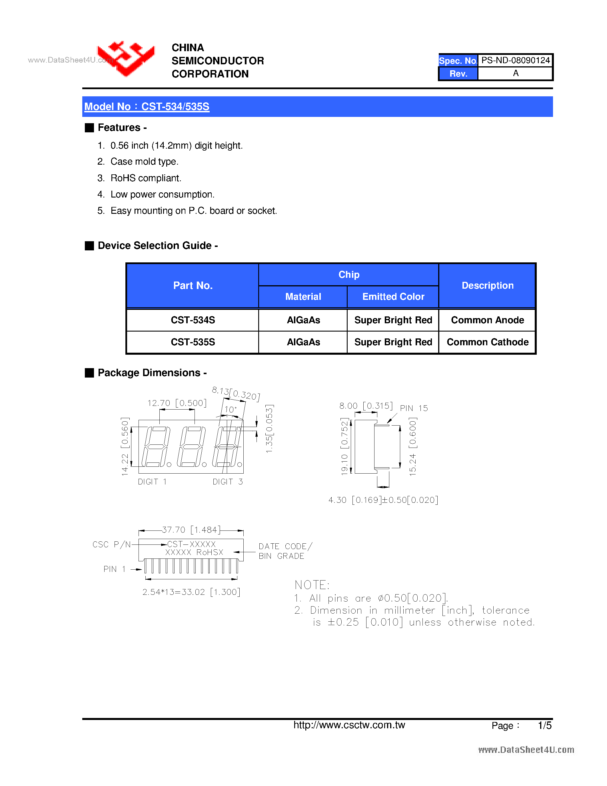 Datasheet CST-534S page 2 Datasheet CST-534S - (CST-534S / CST-535S) 0.56 Inch Triad Digit Display page 2