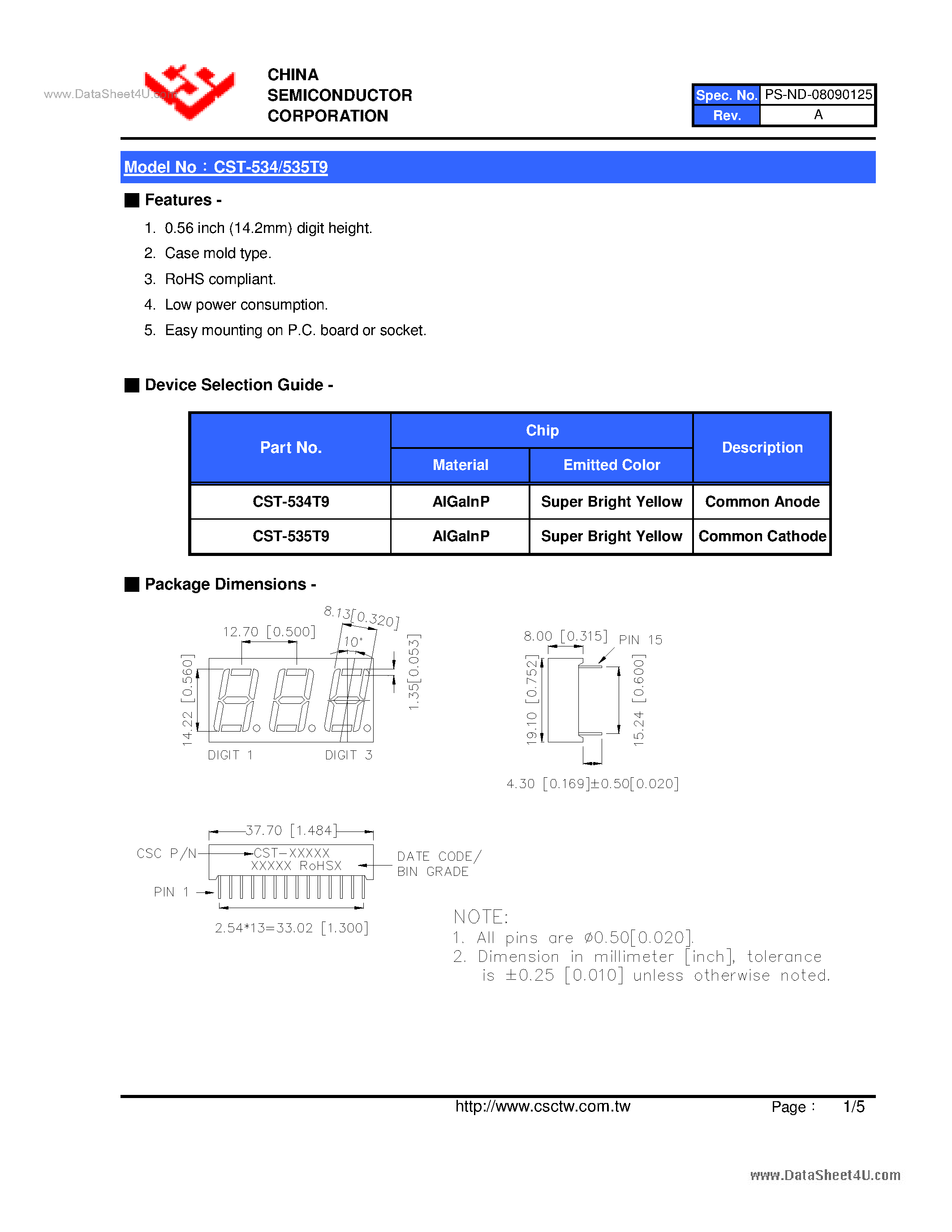 Datasheet CST-534T9 page 2 Datasheet CST-534T9 - (CST-534T9 / CST-535T9) 0.56 Inch Triad Digit Display page 2