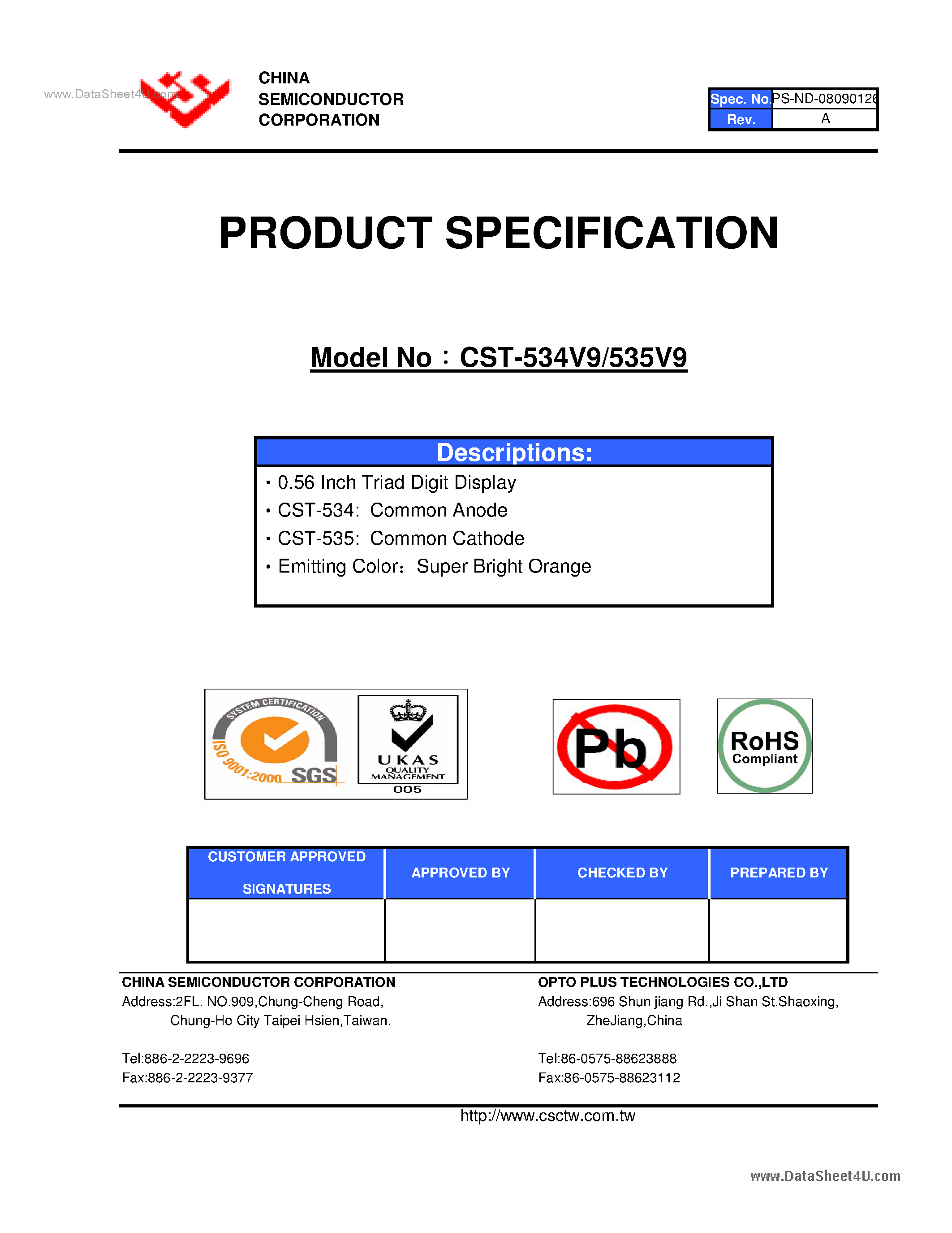 Datasheet CST-534V9 page 1 Datasheet CST-534V9 - (CST-534V9 / CST-535V9) 0.56 Inch Triad Digit Display page 1