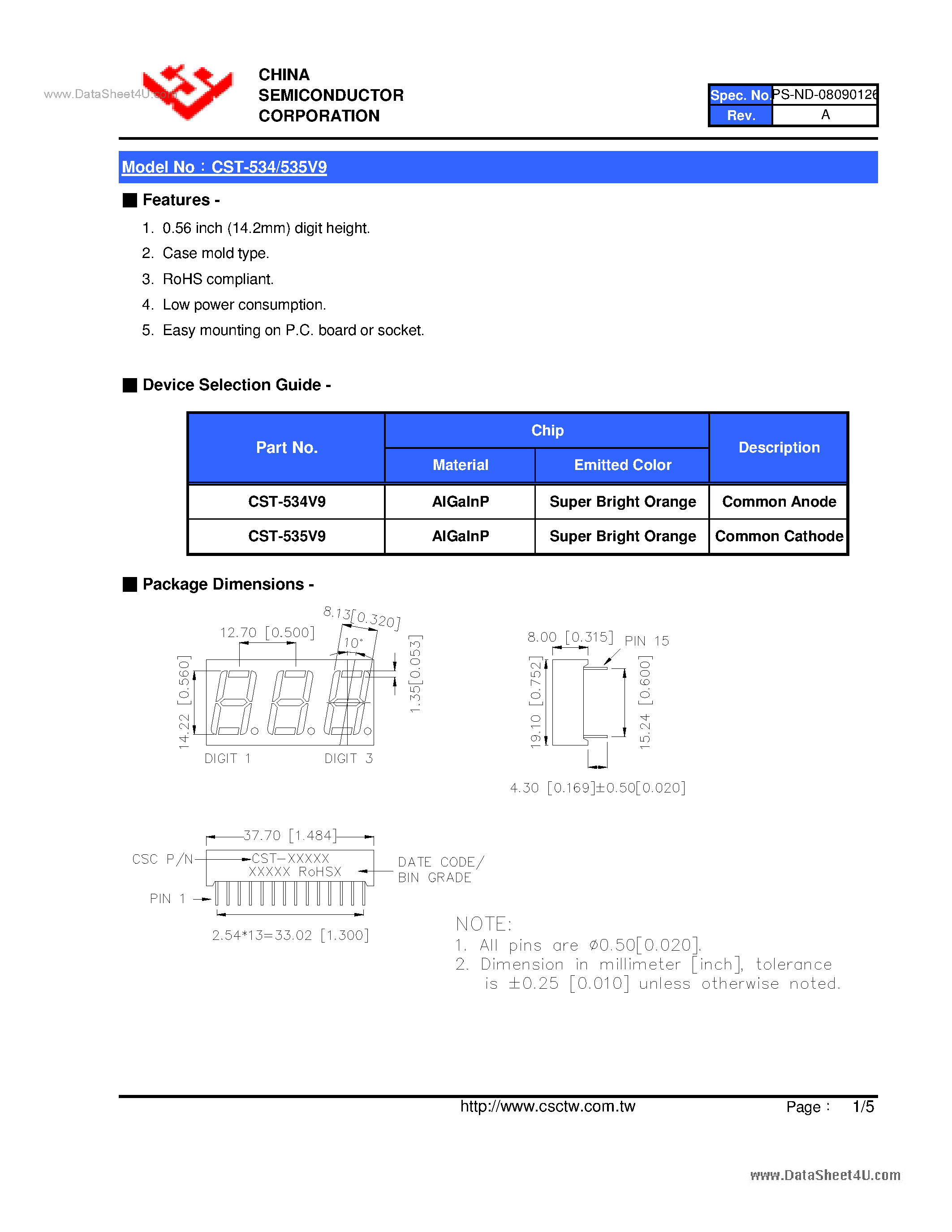 Datasheet CST-534V9 page 2 Datasheet CST-534V9 - (CST-534V9 / CST-535V9) 0.56 Inch Triad Digit Display page 2