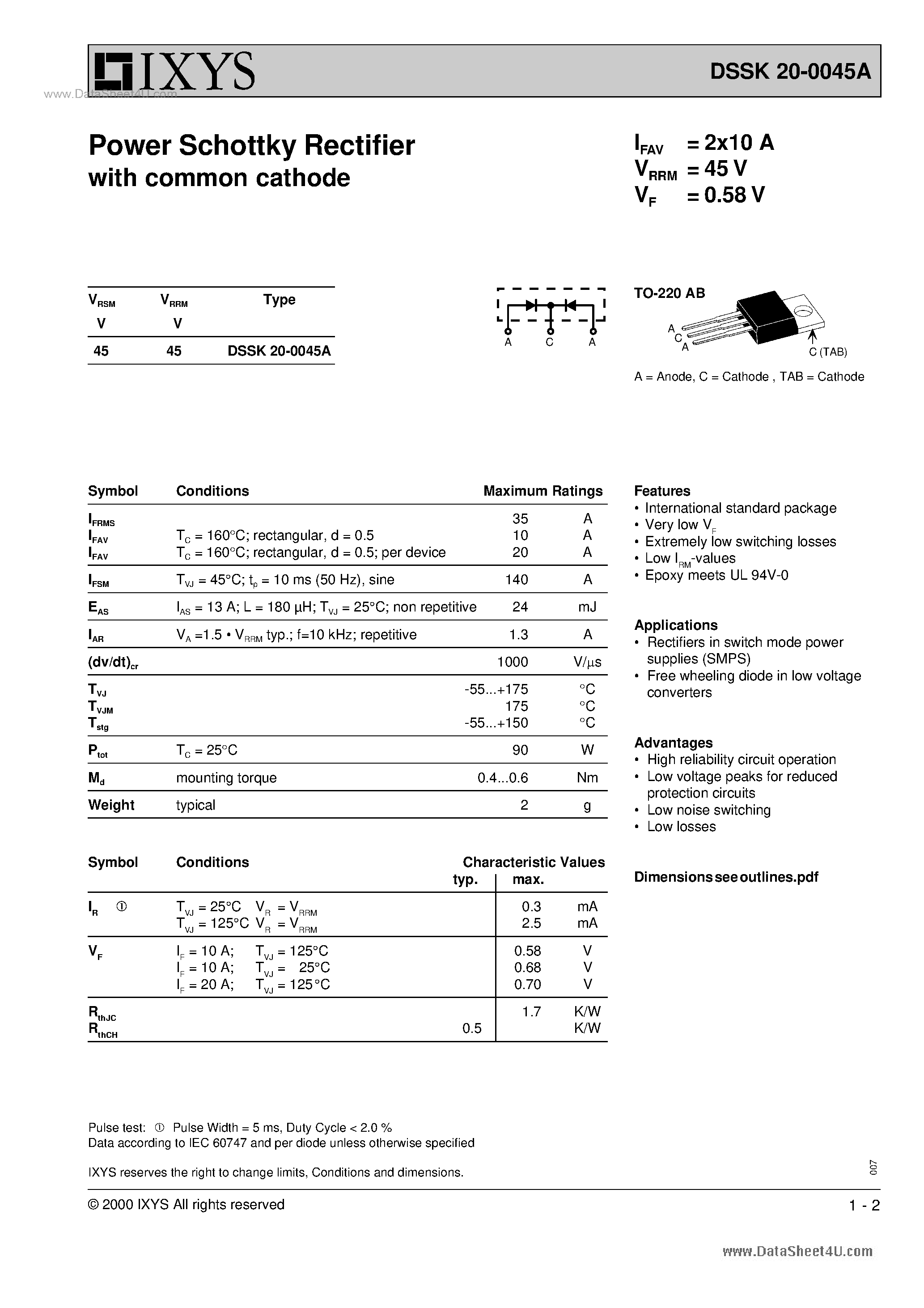 Даташит на микросхему DSSK20-0045A страница 1 Даташит DSSK20-0045A - Power Schottky Rectifier страница 1
