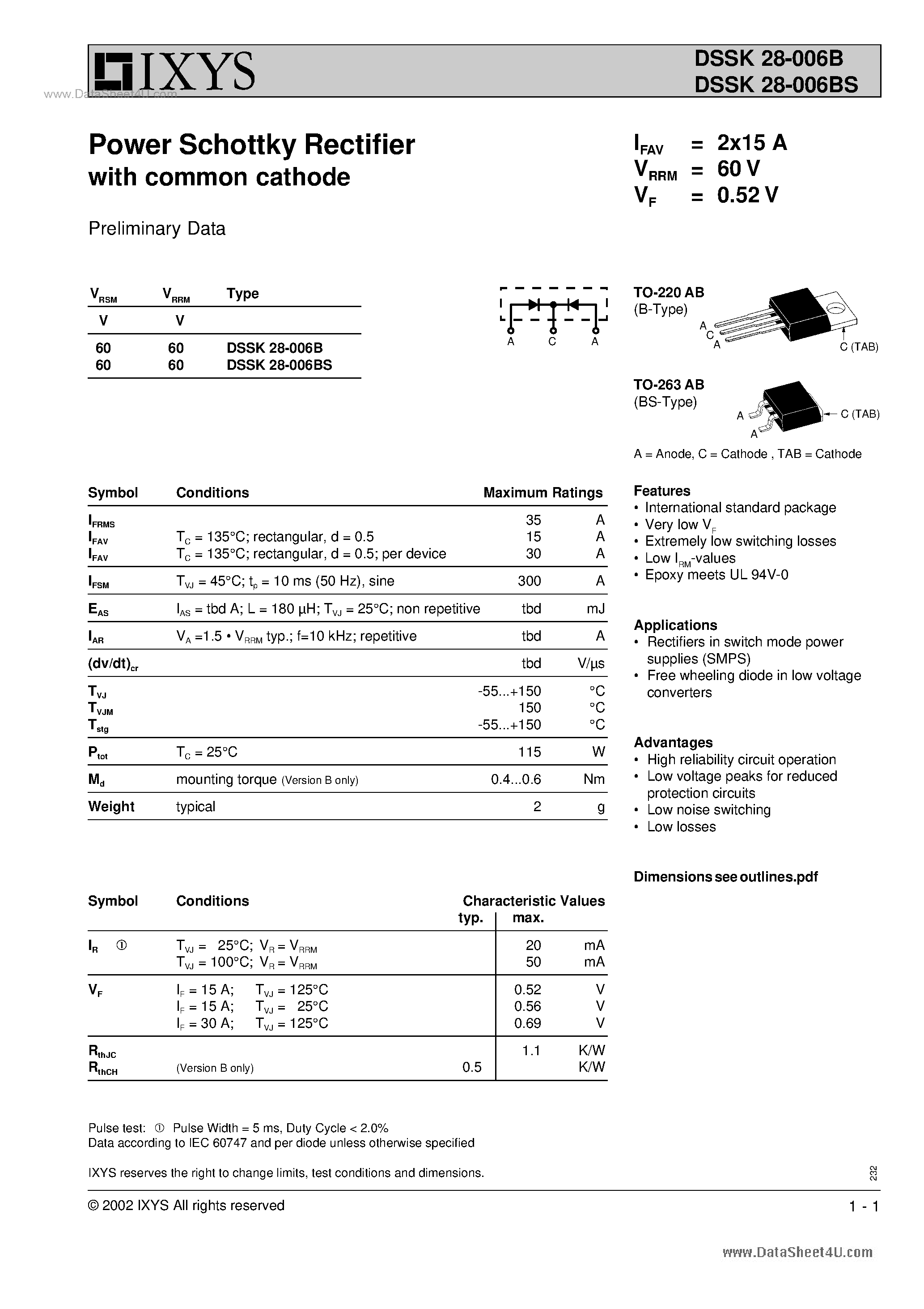 Datasheet DSSK28-006B page 1 Datasheet DSSK28-006B - Power Schottky Rectifier page 1