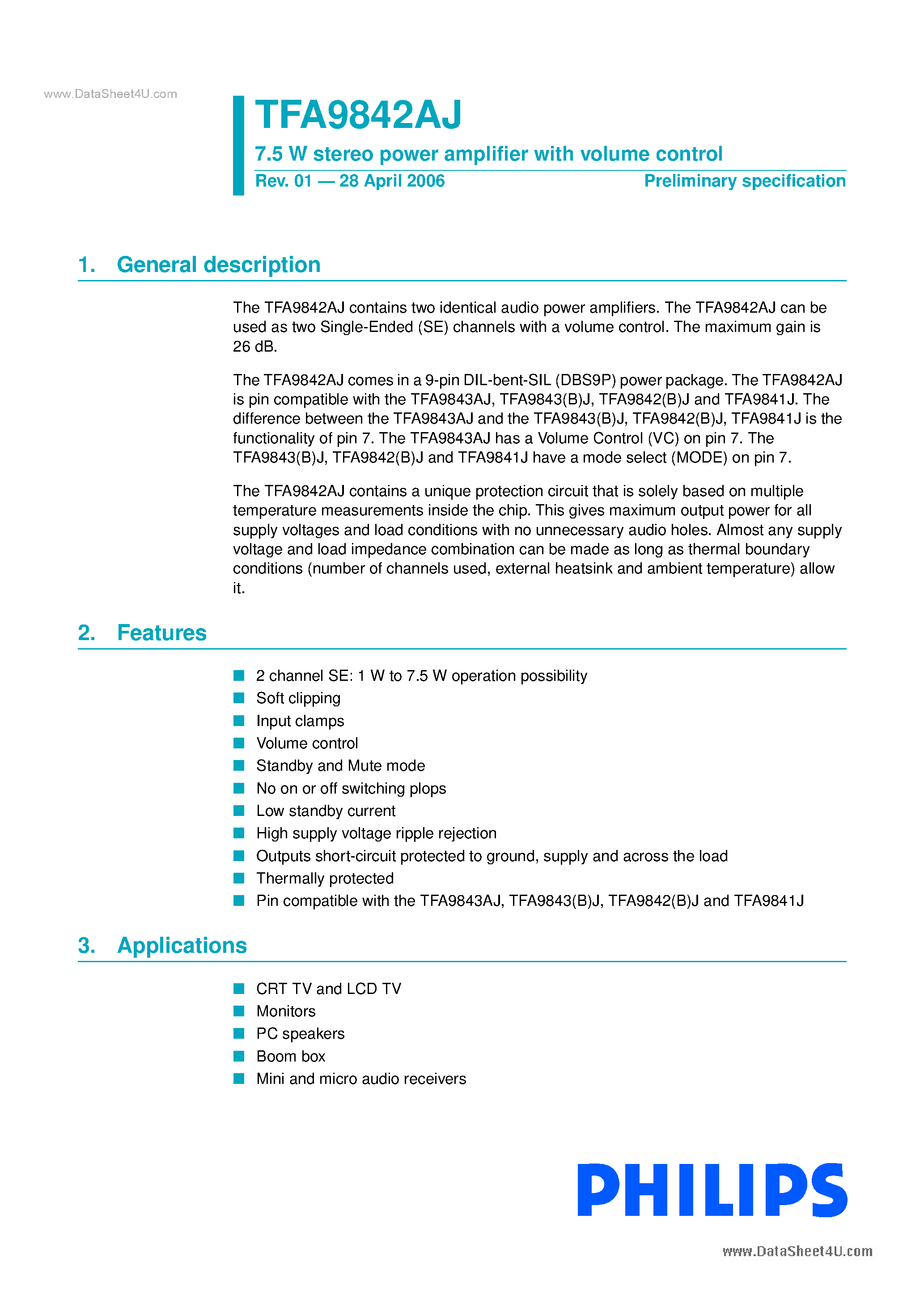 Даташит на микросхему TFA9842AJ страница 1 Даташит TFA9842AJ - 7.5W Stereo Power Amplifier страница 1