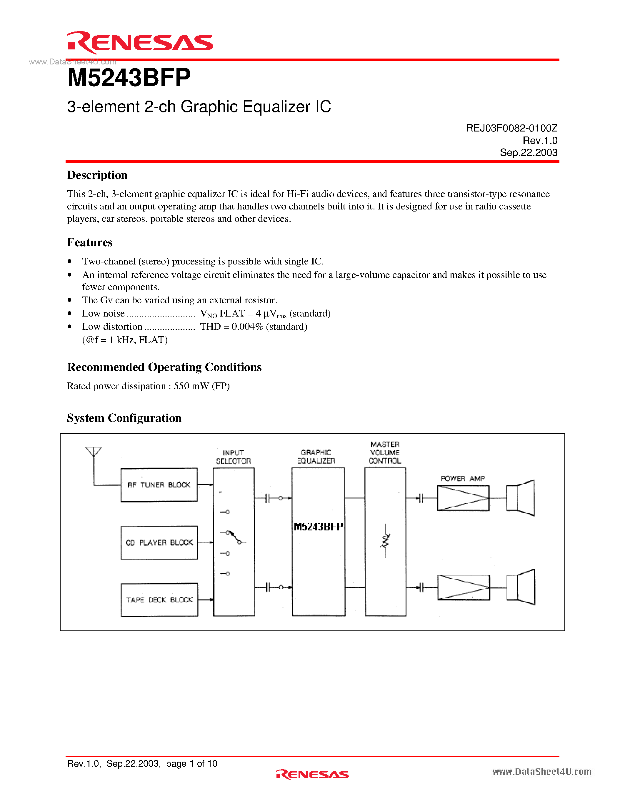 Datasheet M5243BFP - 3-element 2-ch Graphic Equalizer IC page 1