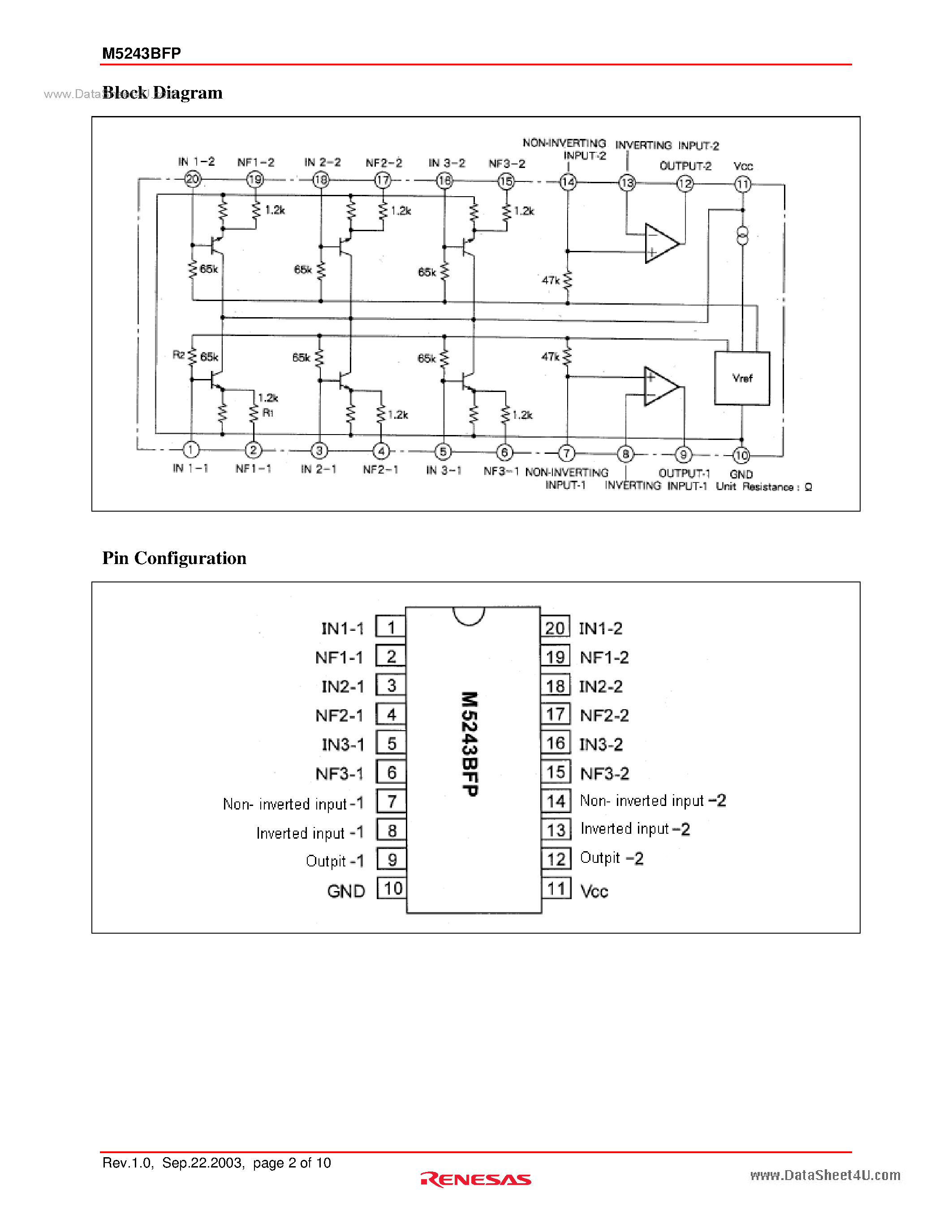 Datasheet M5243BFP - 3-element 2-ch Graphic Equalizer IC page 2
