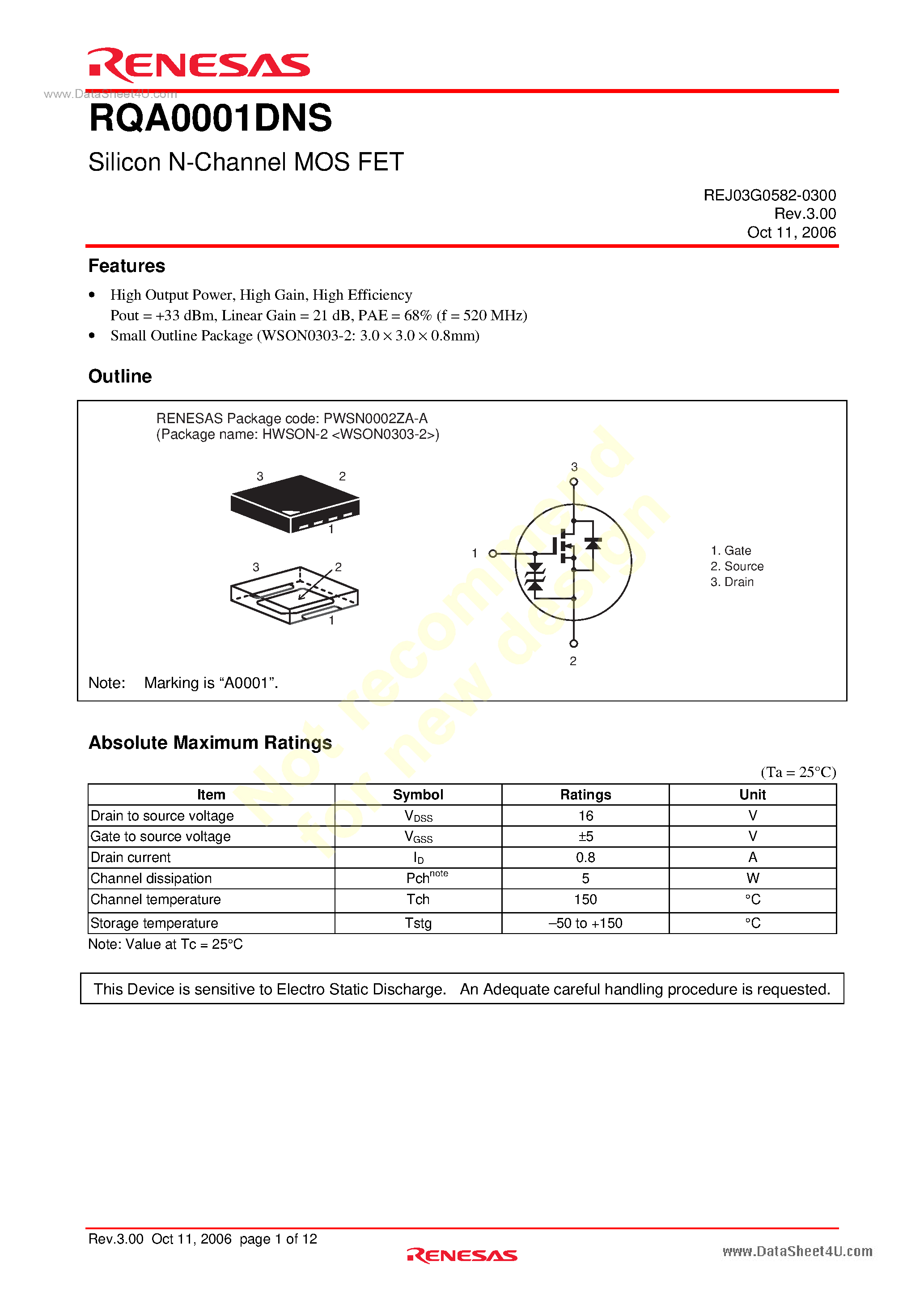 Даташит на микросхему RQA0001DNS страница 1 Даташит RQA0001DNS - Silicon N-Channel MOS FET страница 1