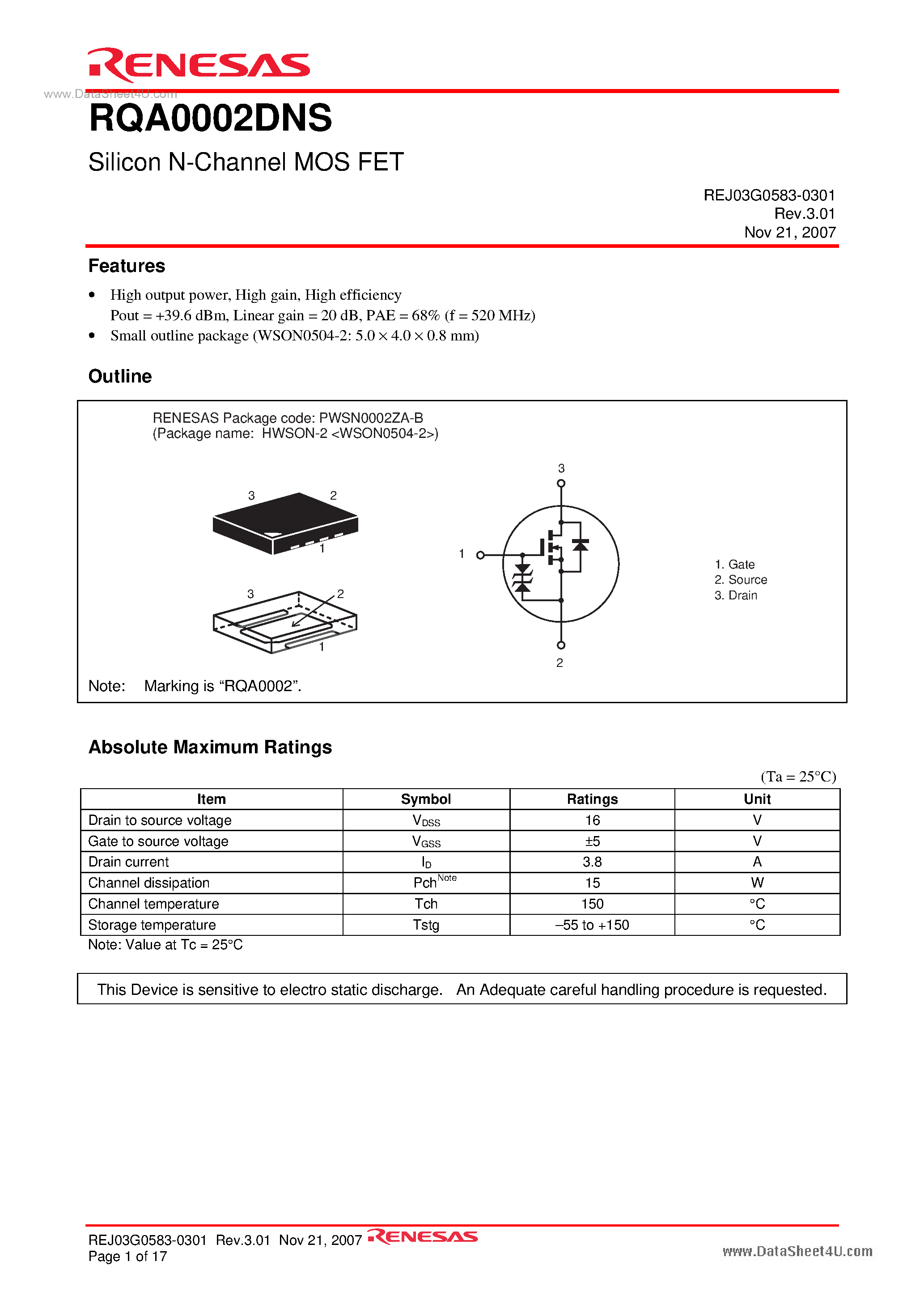 Datasheet RQA0002DNS - Silicon N-Channel MOS FET page 1