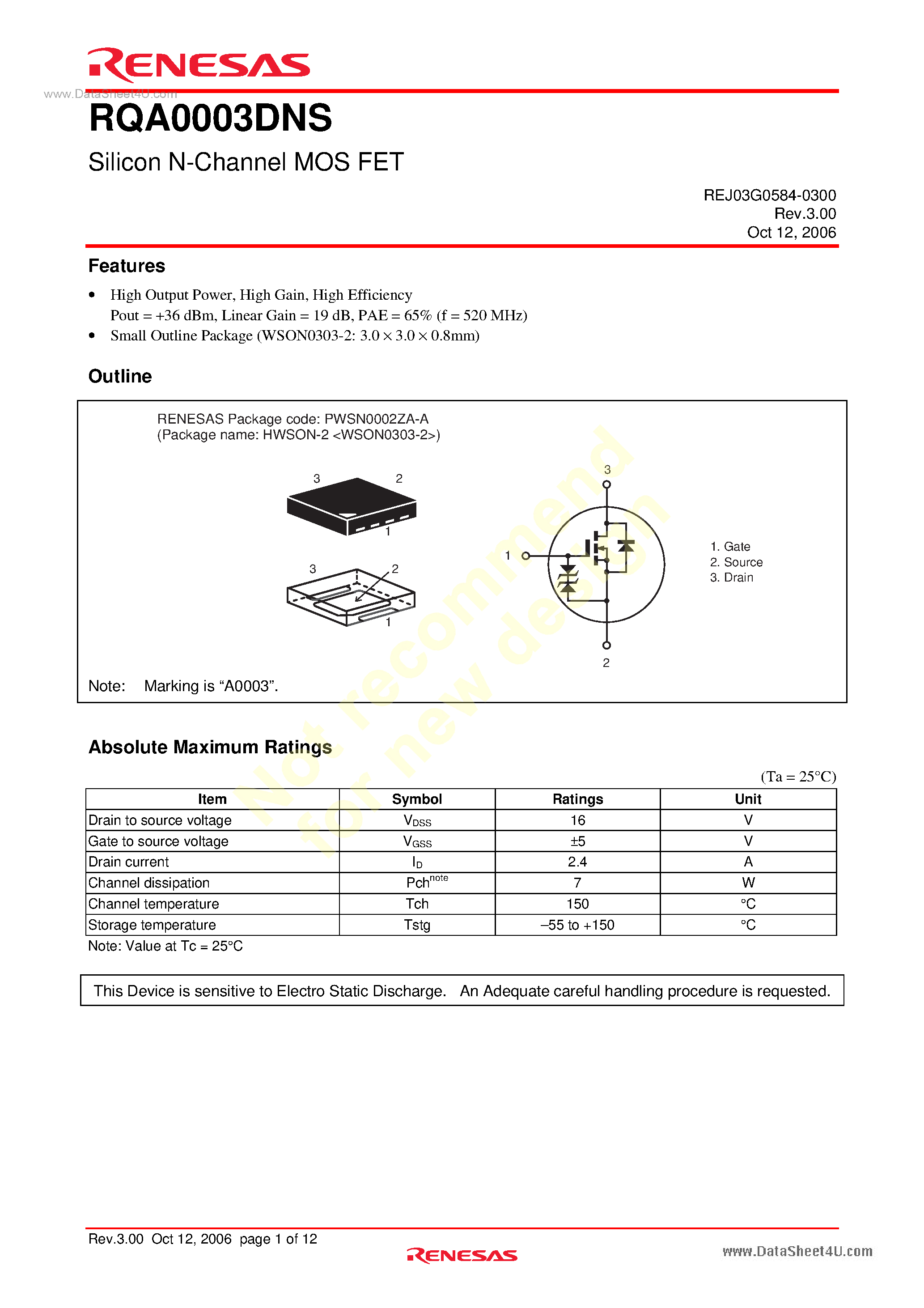 Даташит на микросхему RQA0003DNS страница 1 Даташит RQA0003DNS - Silicon N-Channel MOS FET страница 1