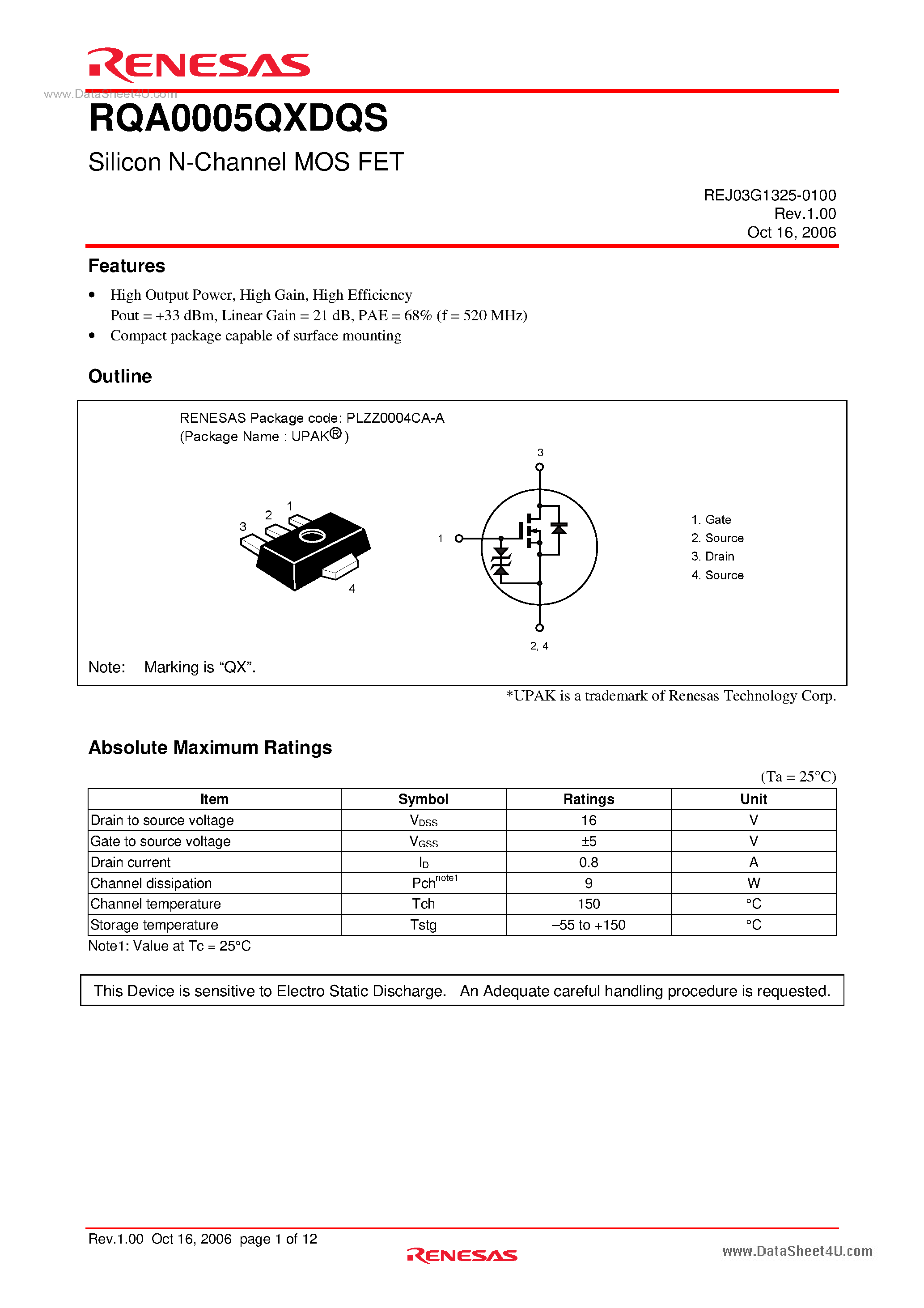 Даташит RQA0005QXDQS - Silicon N-Channel MOS FET страница 1