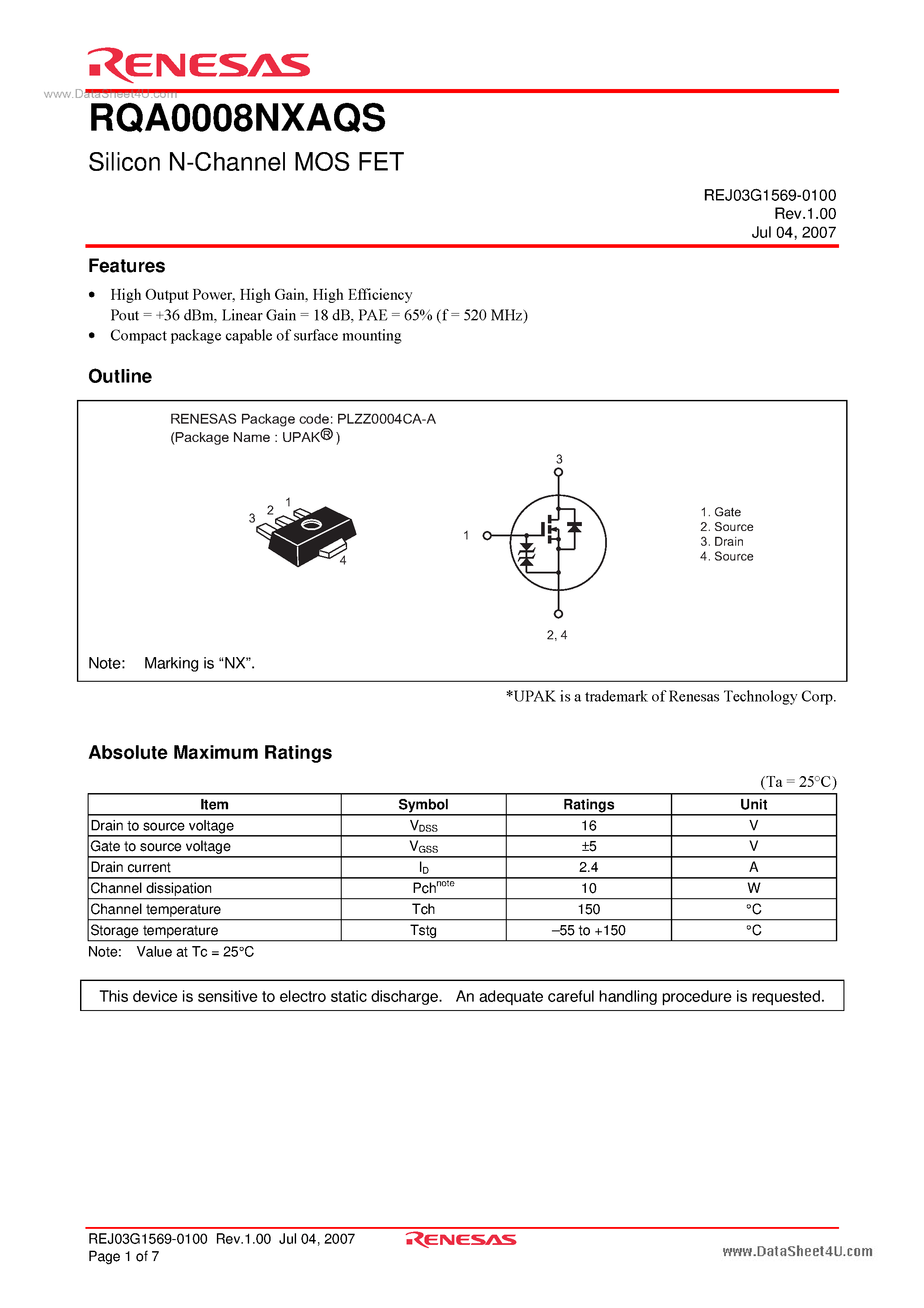 Datasheet RQA0008NXAQS - Silicon N-Channel MOS FET page 1