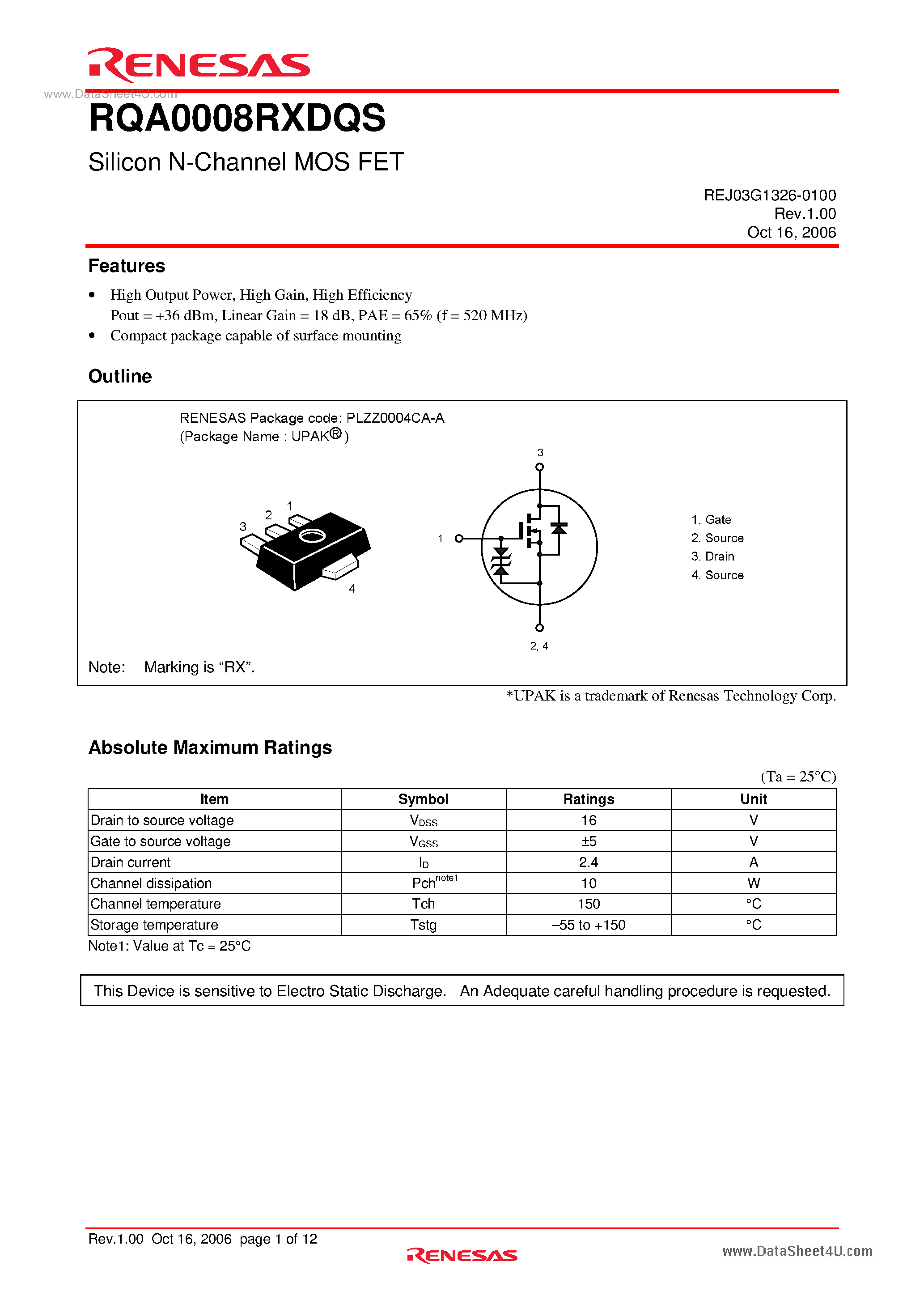Datasheet RQA0008RXDQS - Silicon N-Channel MOS FET page 1