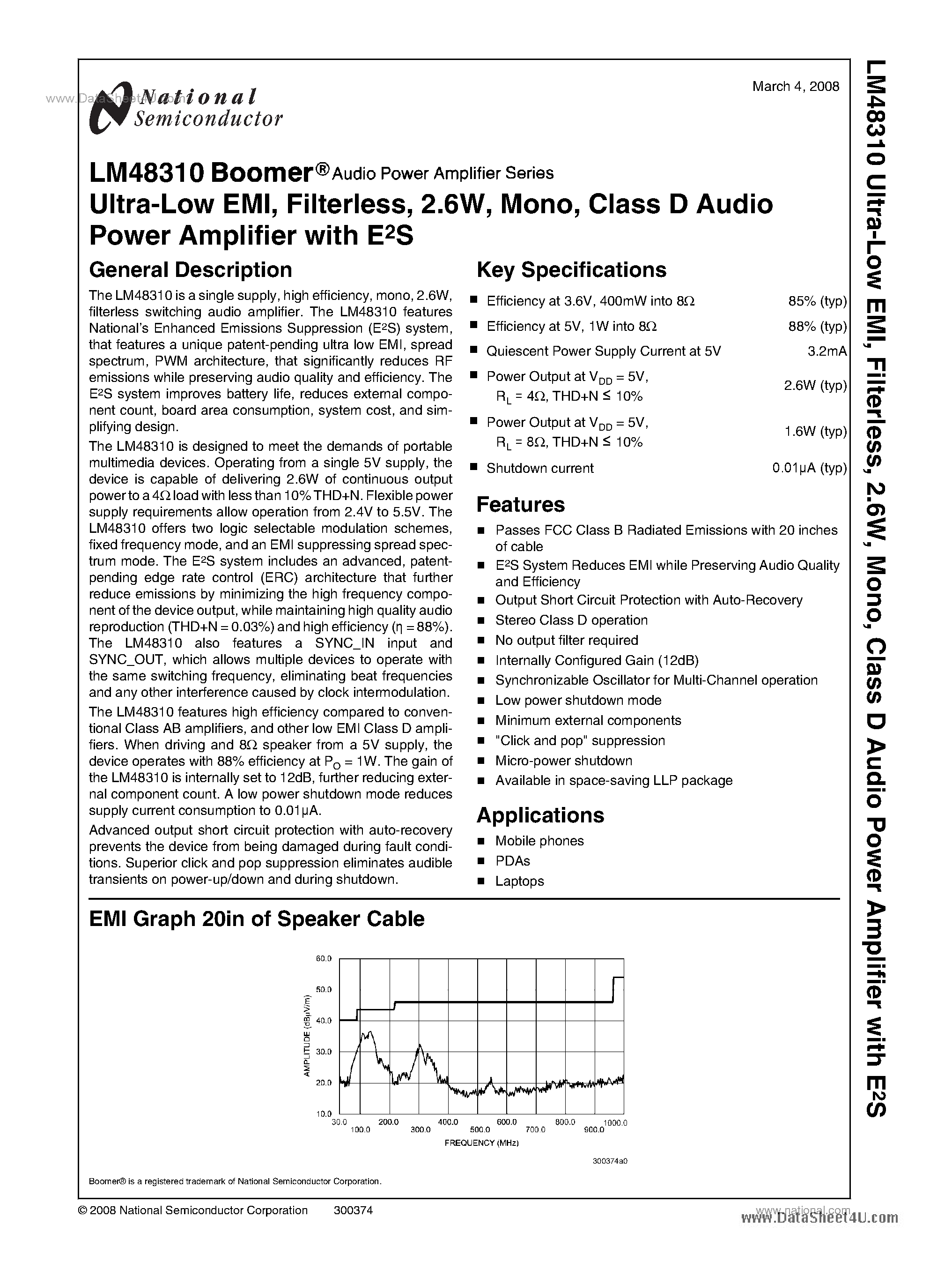 Datasheet LM48310 page 1 Datasheet LM48310 - Class D Audio Power Amplifier page 1