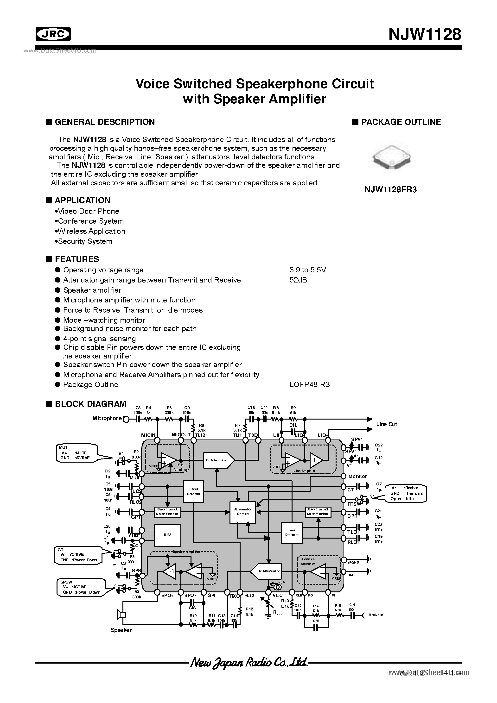 Datasheet NJW1128 page 1 Datasheet NJW1128 - Voice Switched Speakerphone Circuit page 1