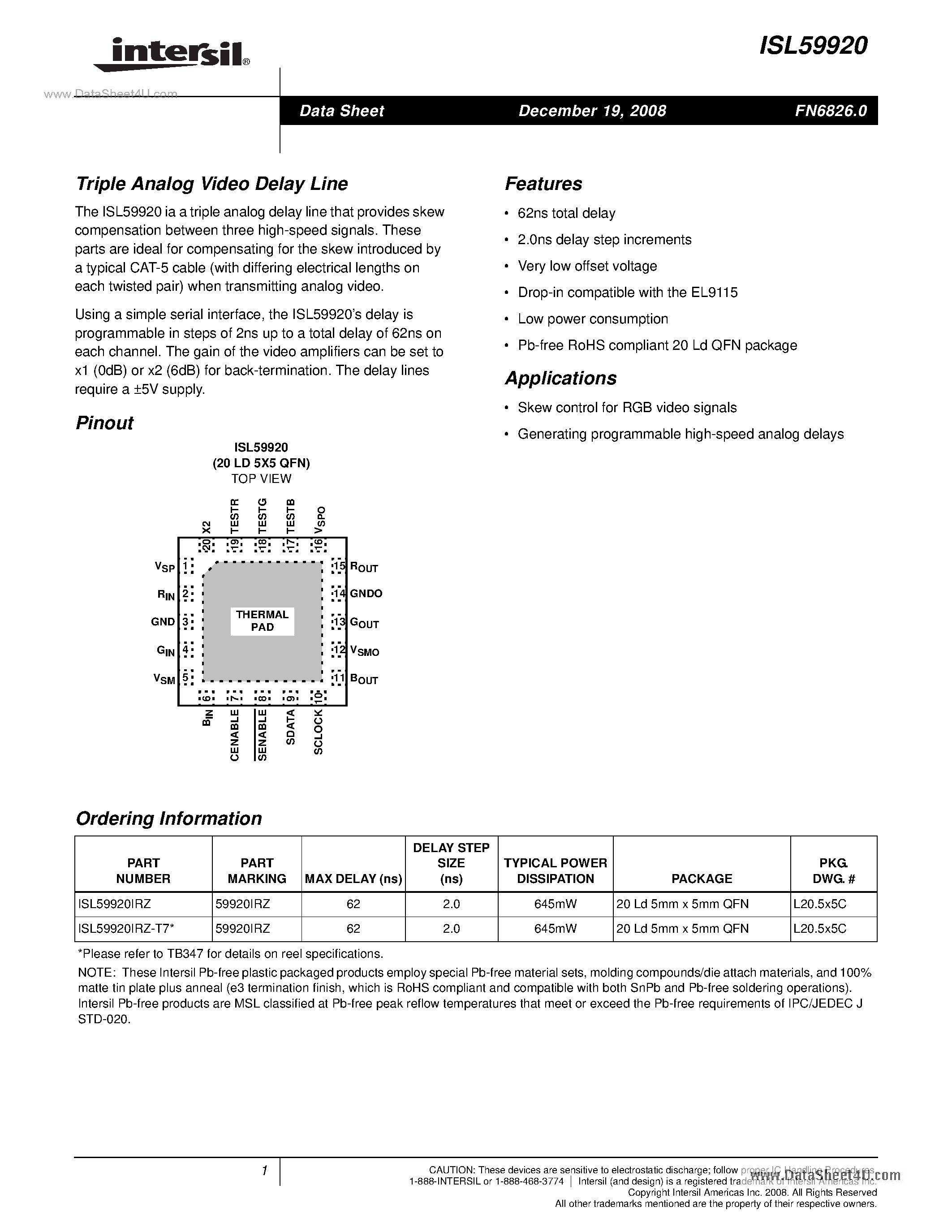 Datasheet ISL59920 - Triple Analog Video Delay Line page 1