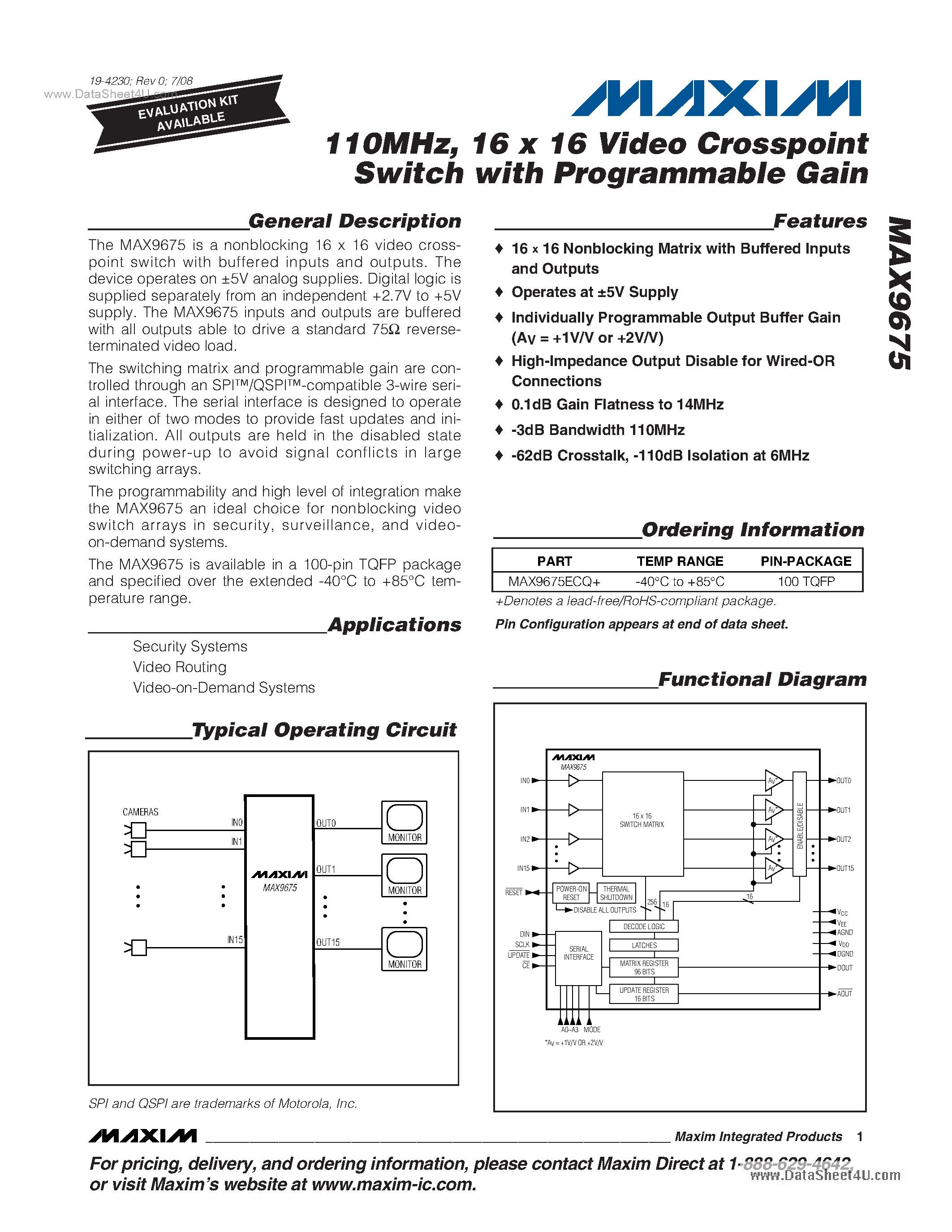 Datasheet MAX9675 page 1 Datasheet MAX9675 - Video Crosspoint Switch 110MHz page 1