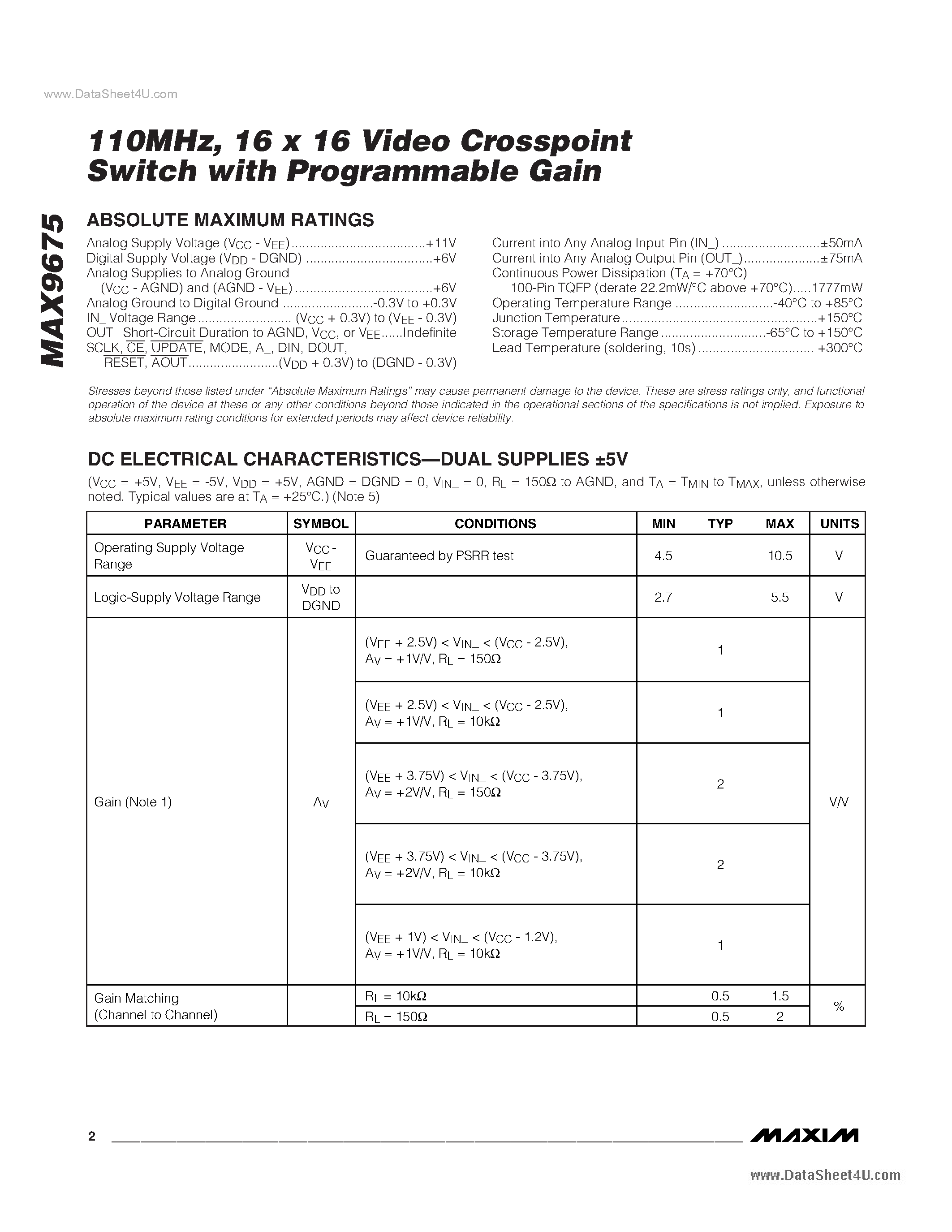 Datasheet MAX9675 page 2 Datasheet MAX9675 - Video Crosspoint Switch 110MHz page 2