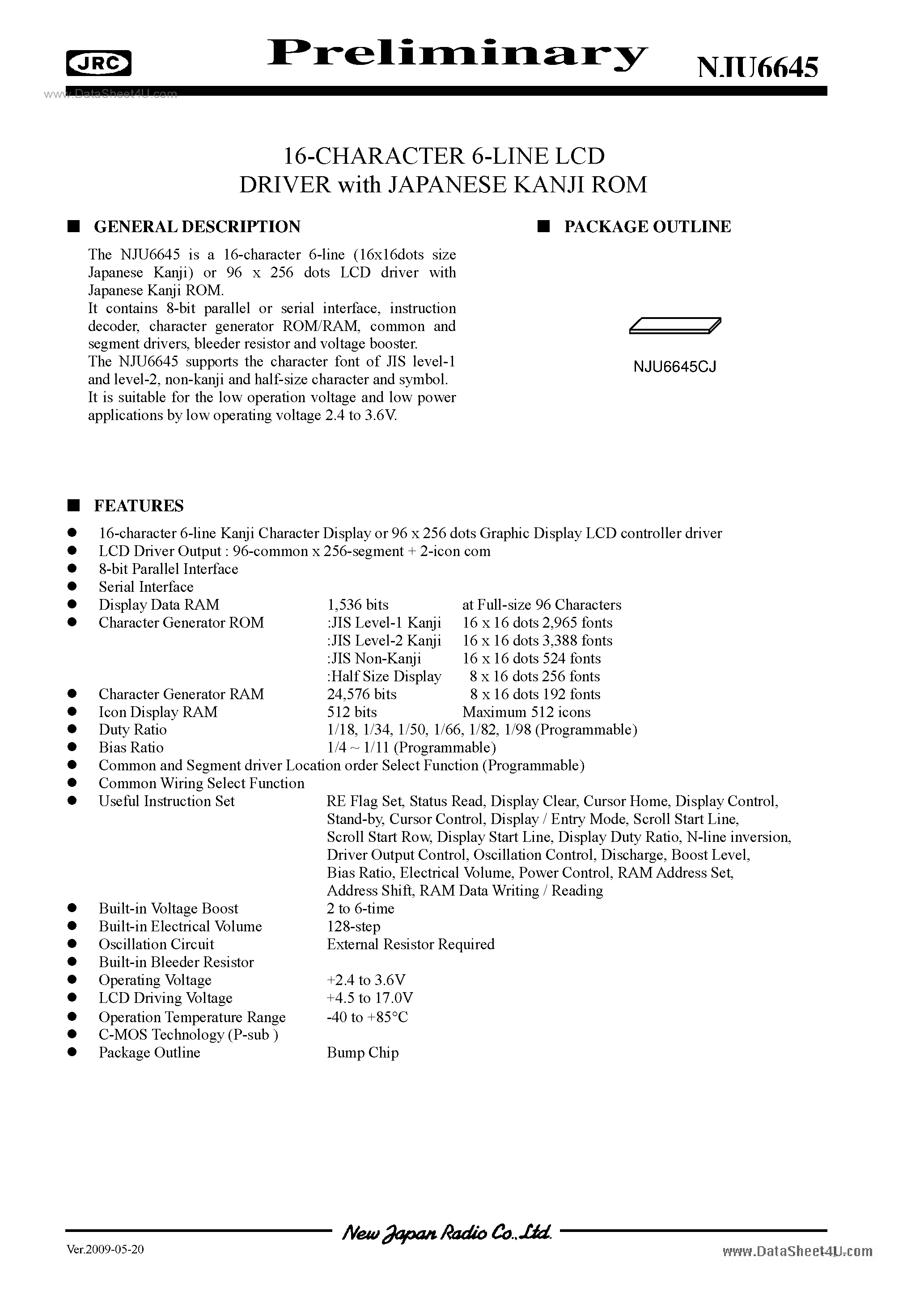 Datasheet NJU6645 - 16-Character 6-Line LCD Driver page 1
