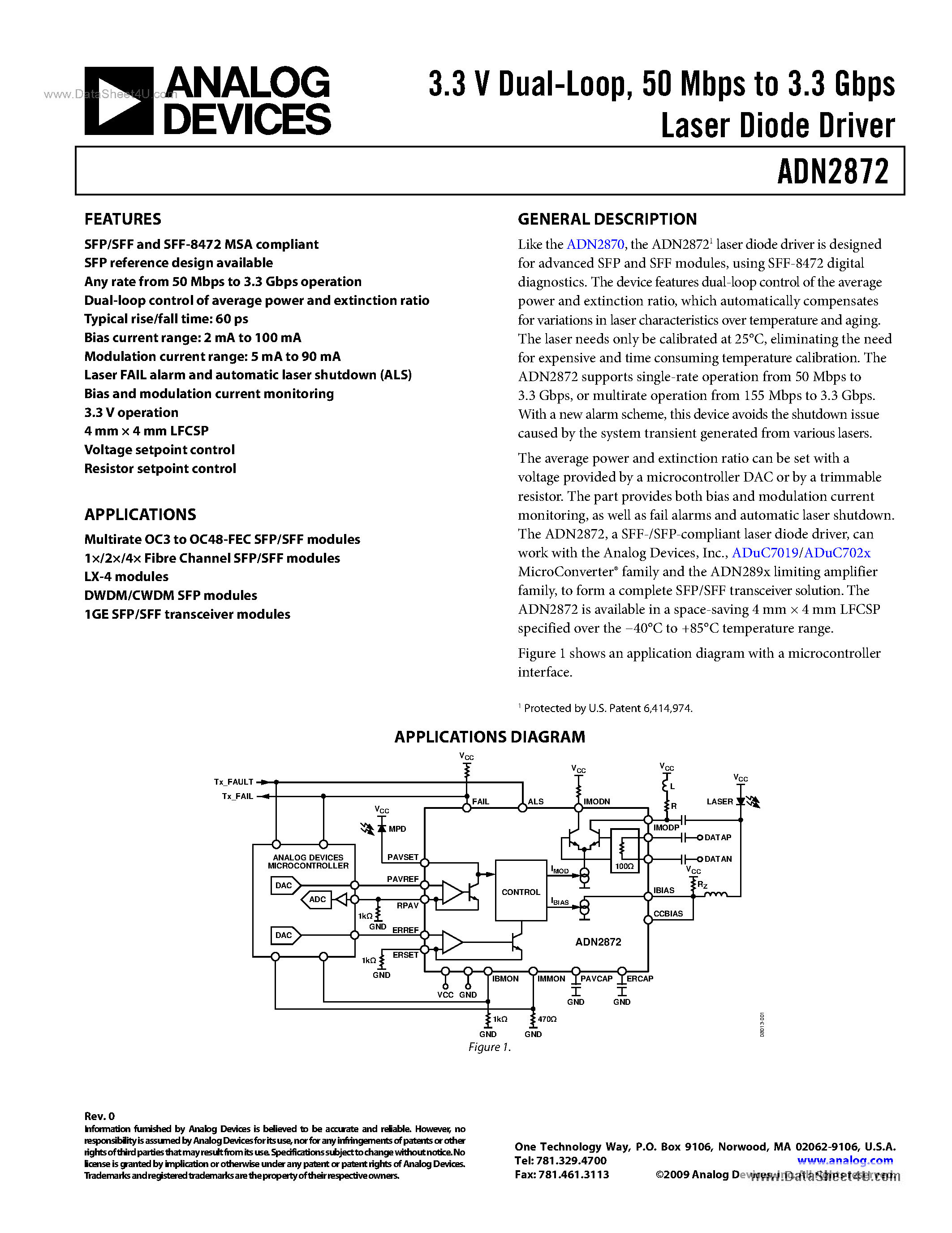 Datasheet ADN2872 - 50 Mbps To 3.3 Gbps Laser Diode Driver page 1