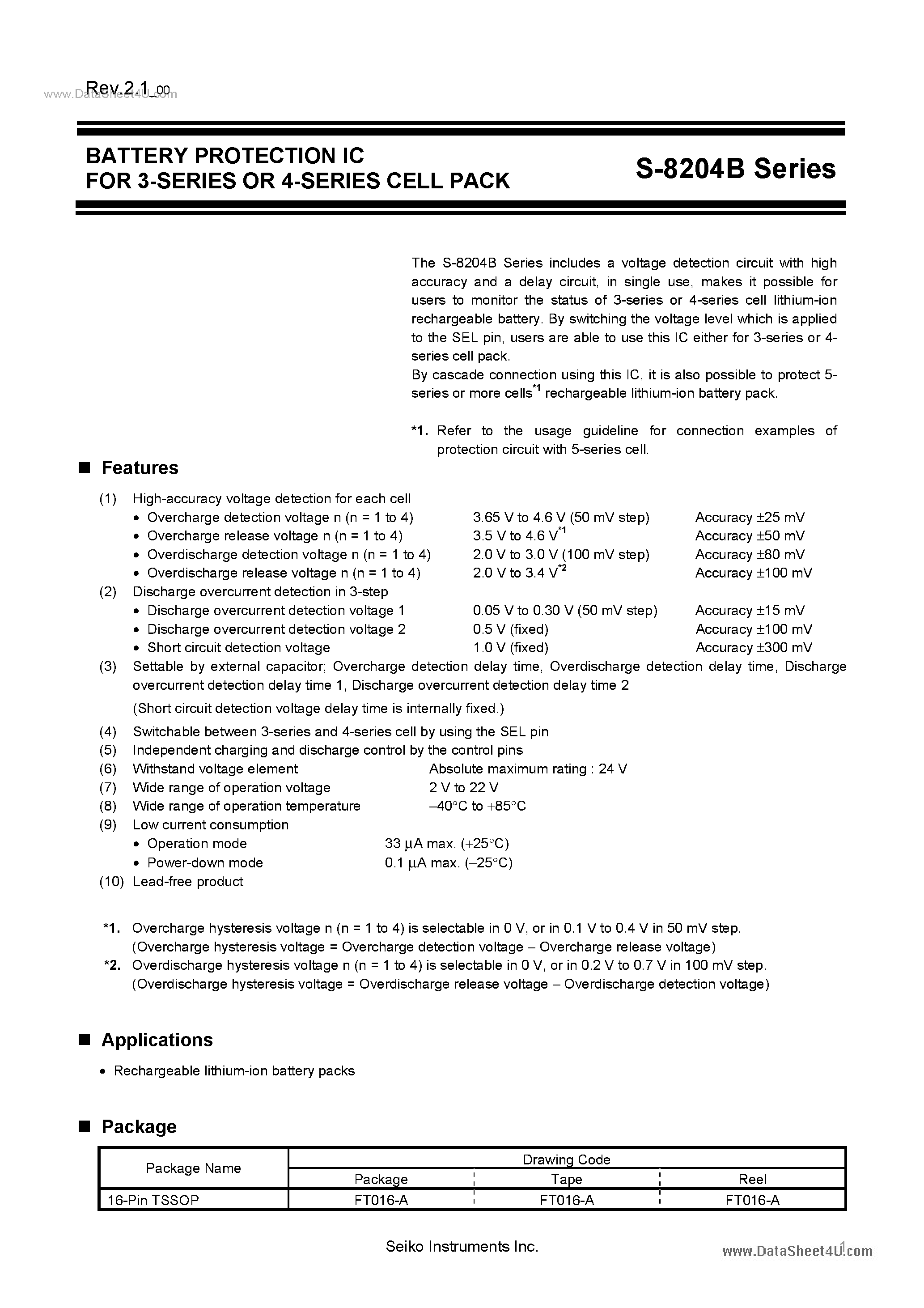 Datasheet S-8204B - BATTERY PROTECTION IC page 1
