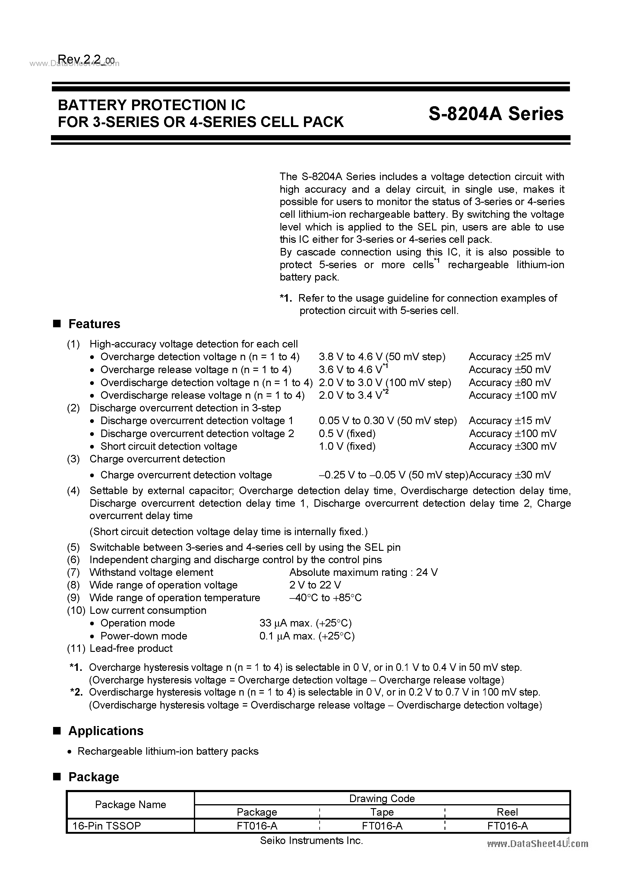 Datasheet S-8204A - BATTERY PROTECTION IC page 1