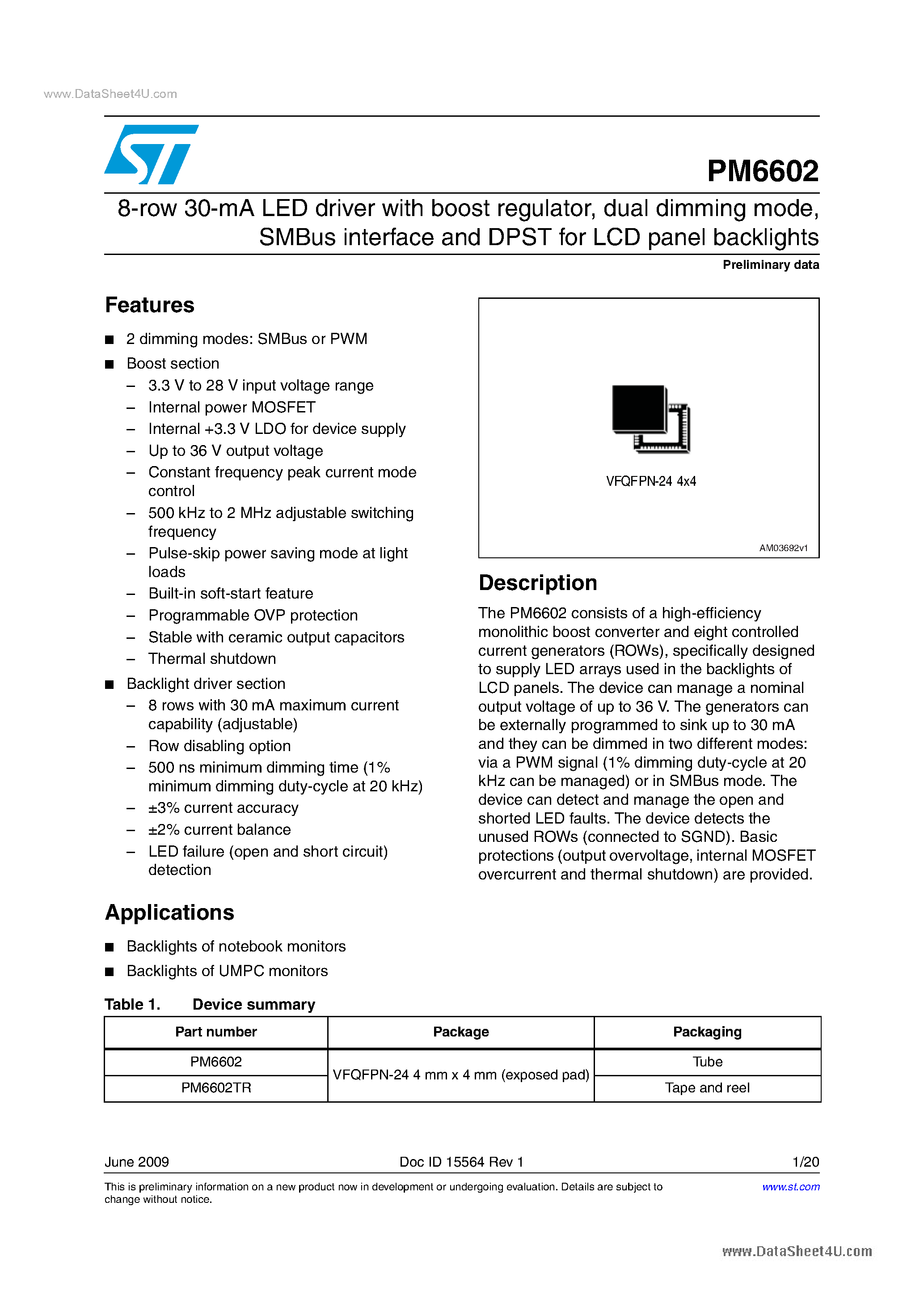 Даташит PM6602 - 8-row 30-mA LED driver страница 1
