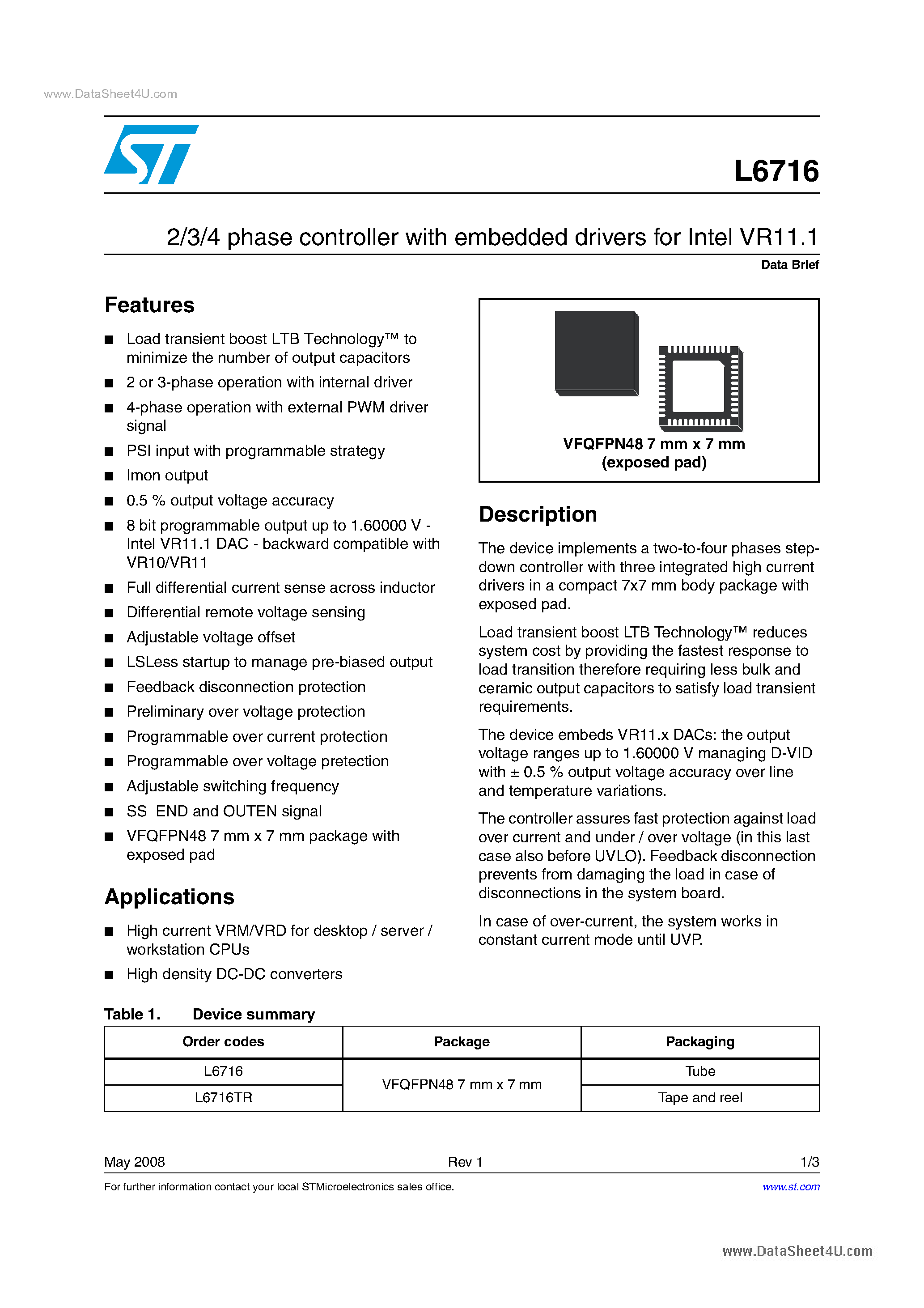 Datasheet L6716 page 1 Datasheet L6716 - 2/3/4 phase controller page 1