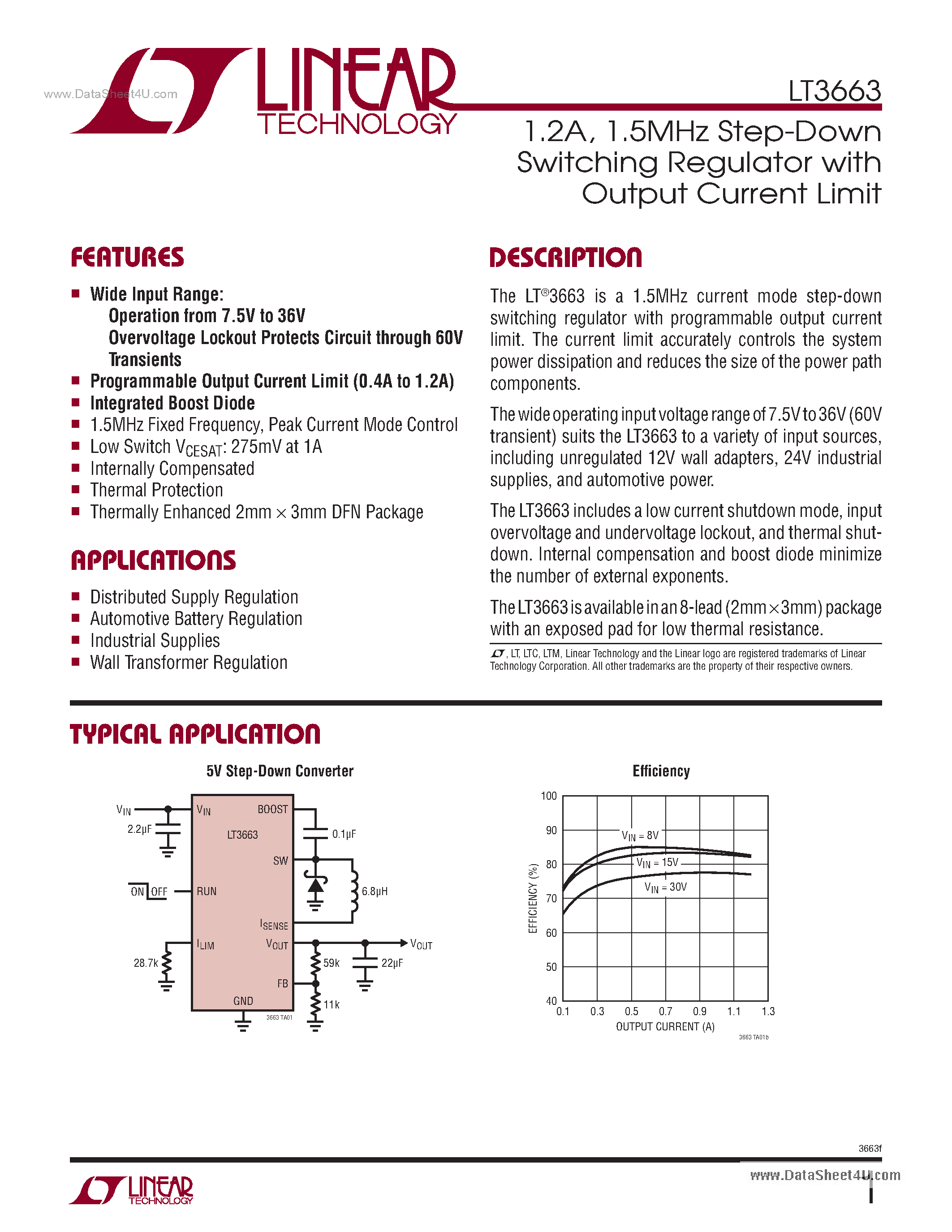 Datasheet LT3663 page 1 Datasheet LT3663 - 1.5MHz Step-Down Switching Regulator page 1
