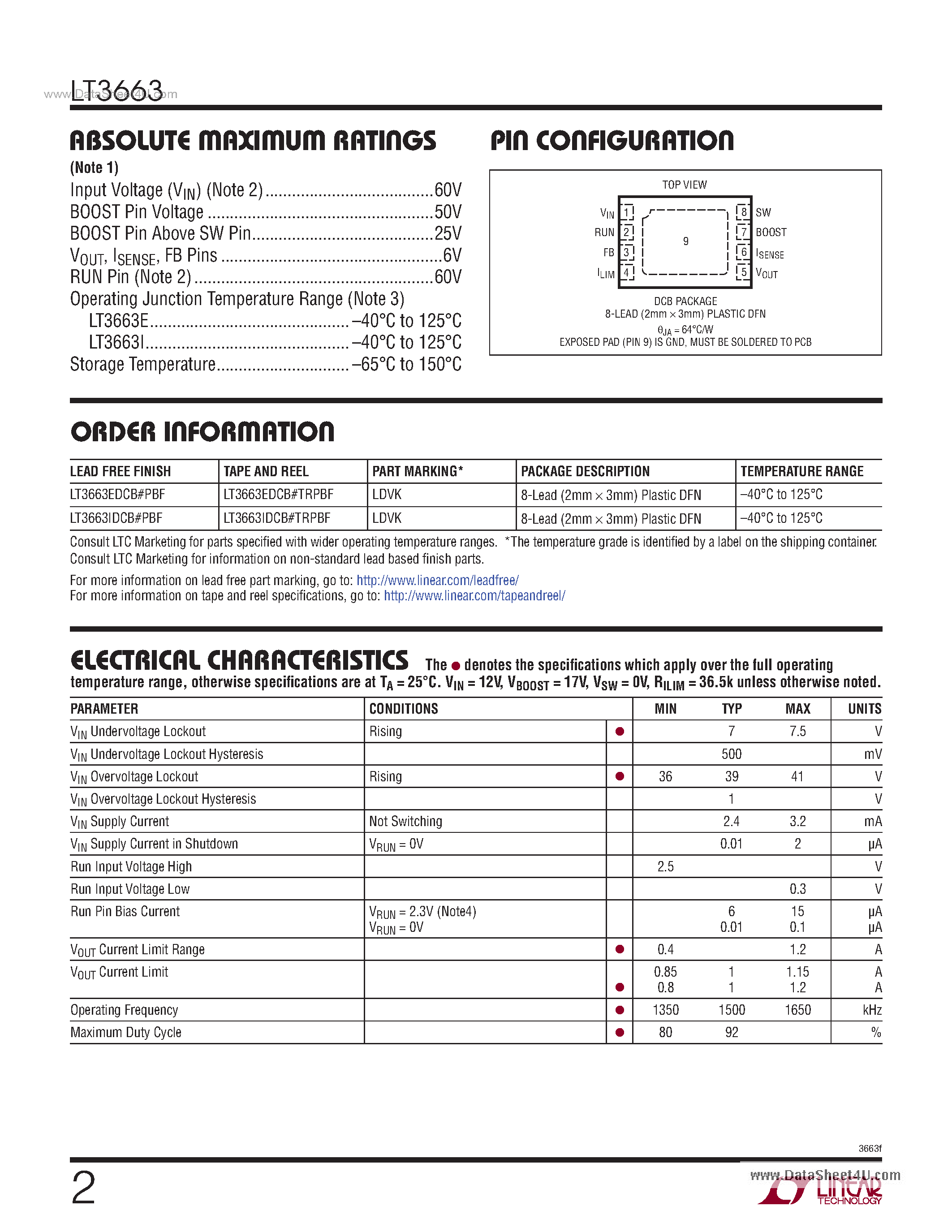 Datasheet LT3663 page 2 Datasheet LT3663 - 1.5MHz Step-Down Switching Regulator page 2