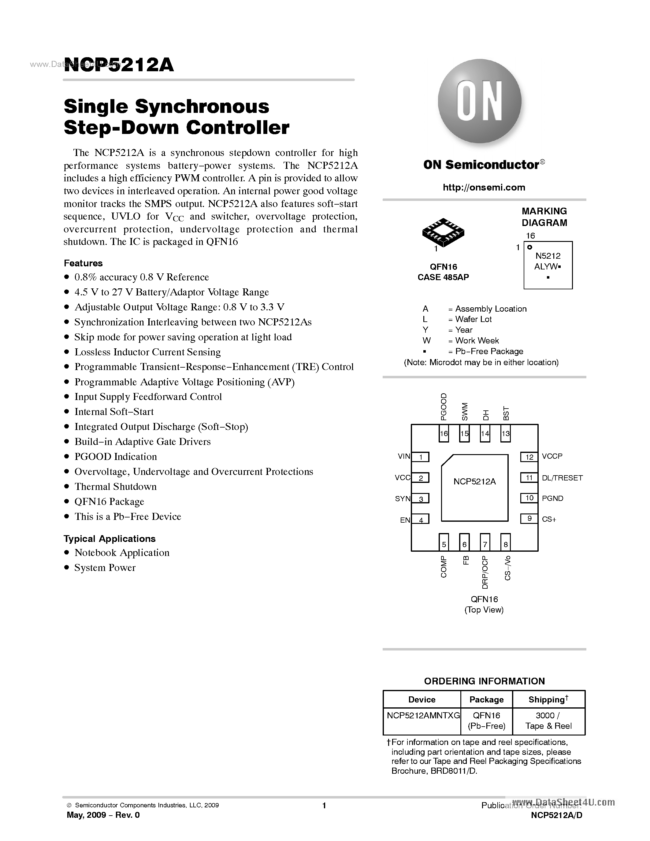 Datasheet NCP5212A - Single Synchronous Step-Down Controller page 1