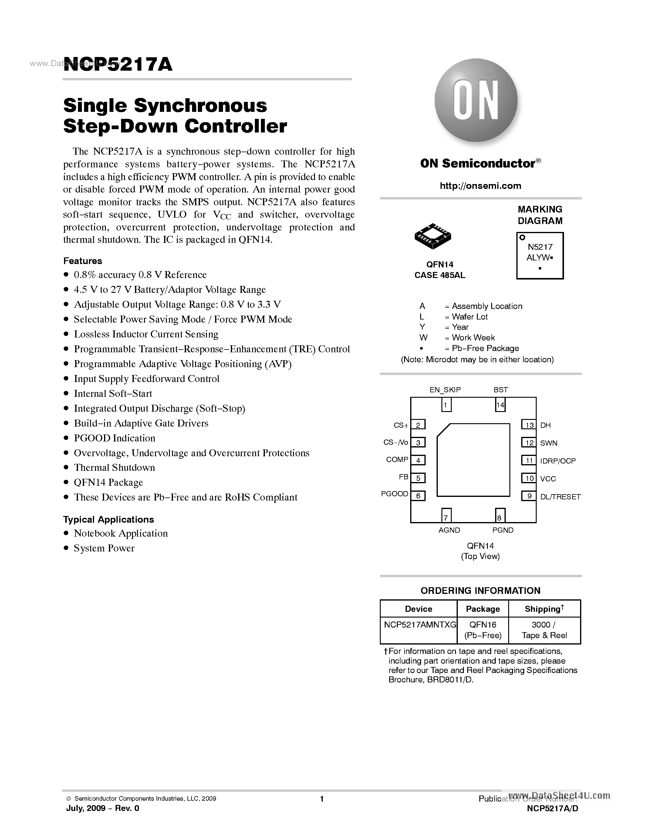 Datasheet NCP5217A - Single Sync-Rect Step Down Controller page 1