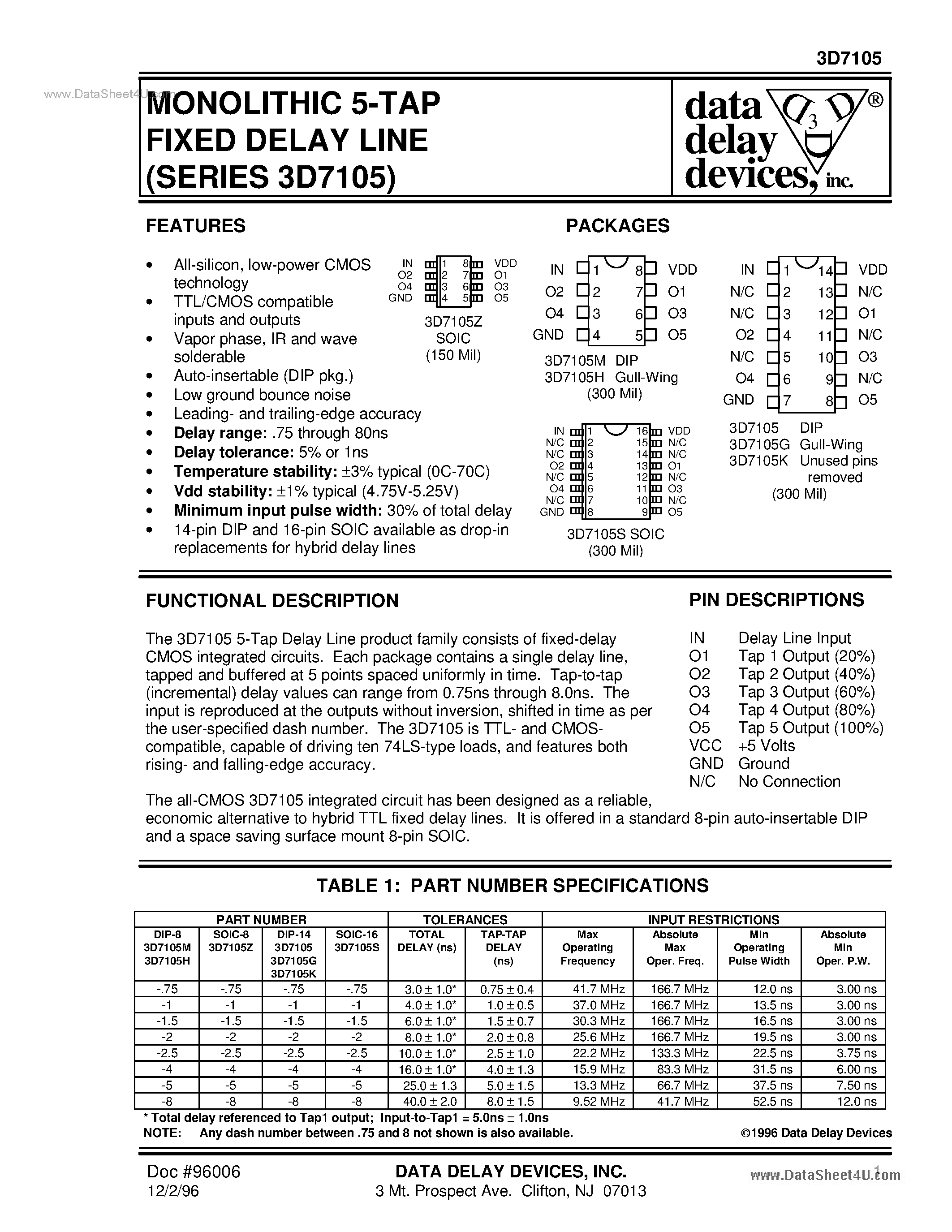 Datasheet 3D7105 - MONOLITHIC 5-TAP FIXED DELAY LINE page 1
