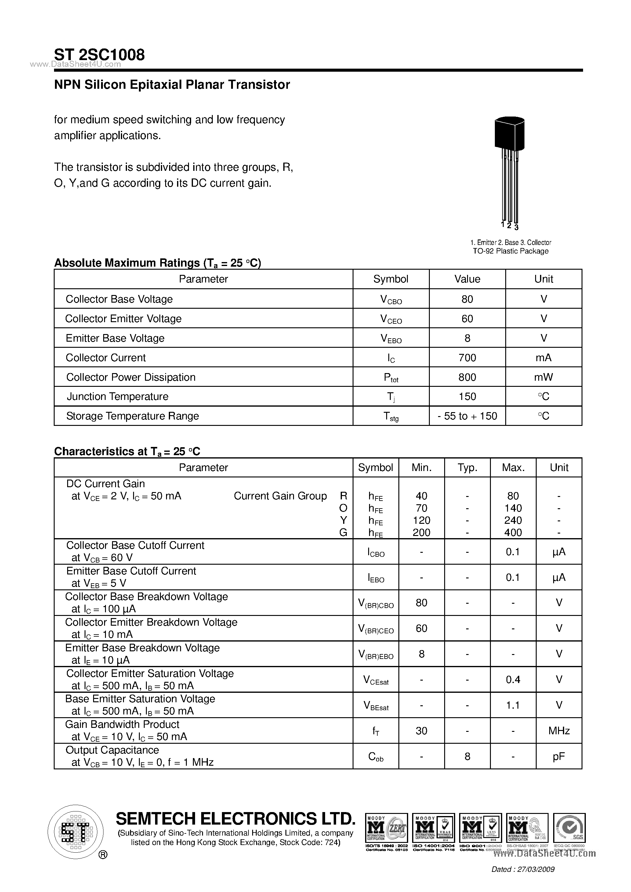 Datasheet ST2SC1008 page 1 Datasheet ST2SC1008 - NPN Silicon Epitaxial Planar Transistor page 1