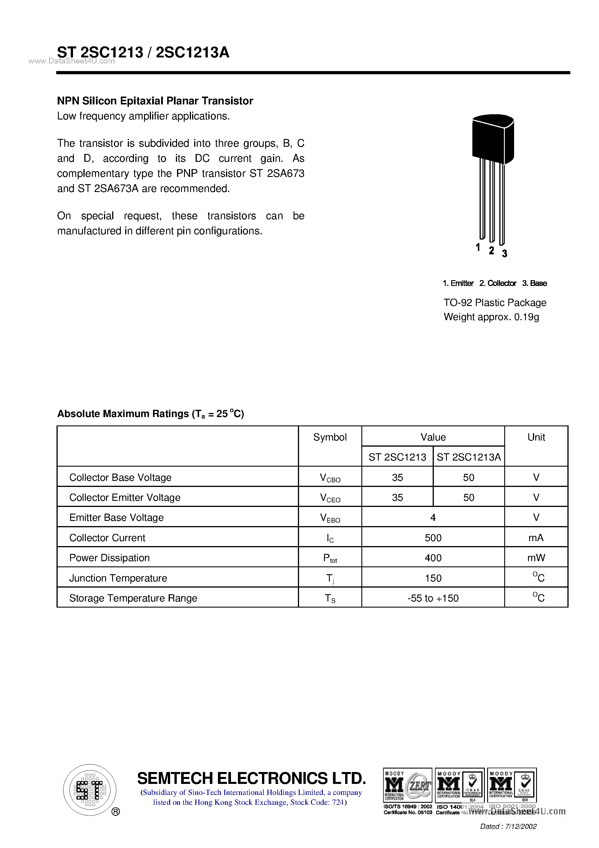 Datasheet ST2SC1213 page 1 Datasheet ST2SC1213 - NPN Silicon Epitaxial Planar Transistor page 1