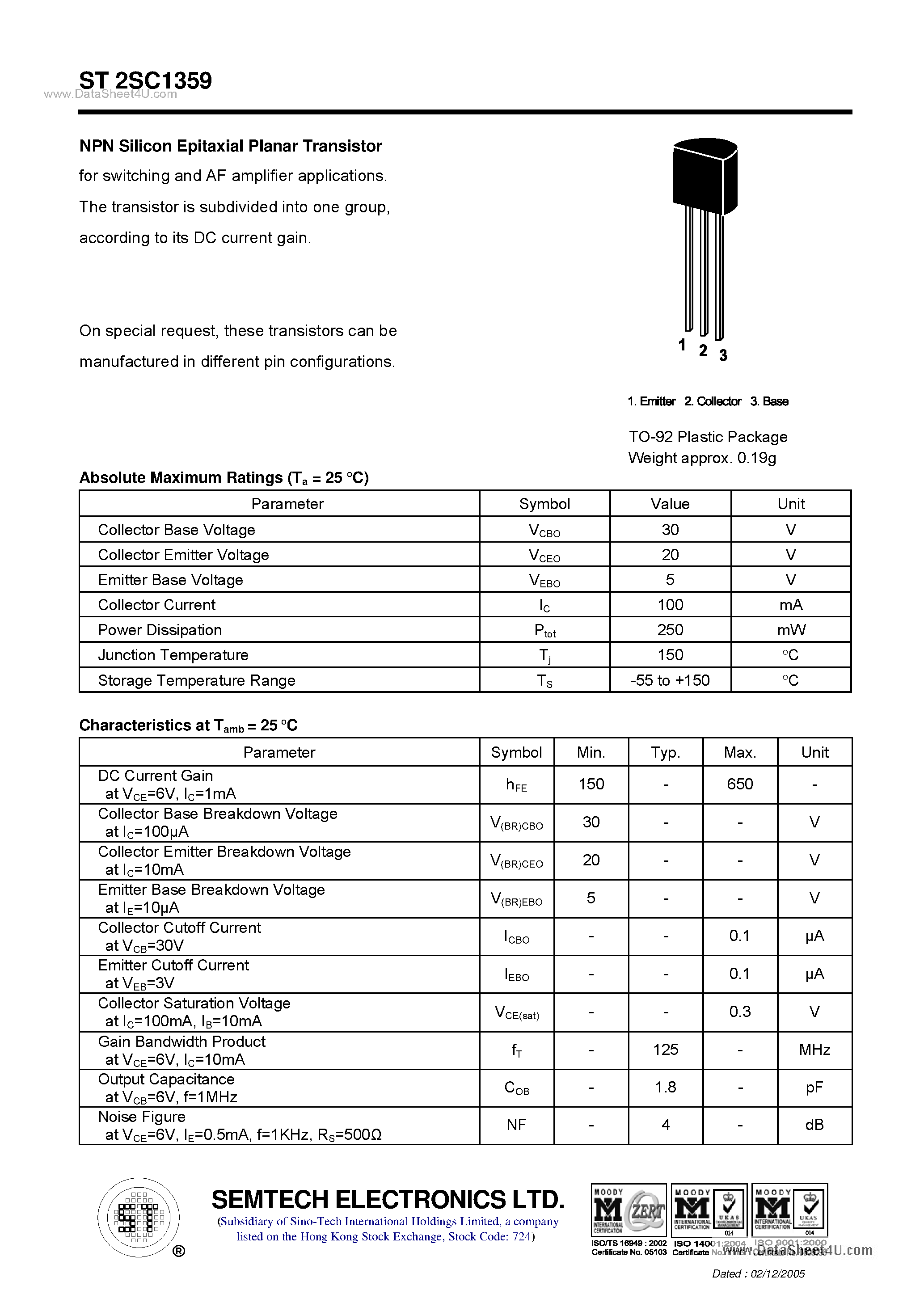 Datasheet ST2SC1359 page 1 Datasheet ST2SC1359 - NPN Silicon Epitaxial Planar Transistor page 1