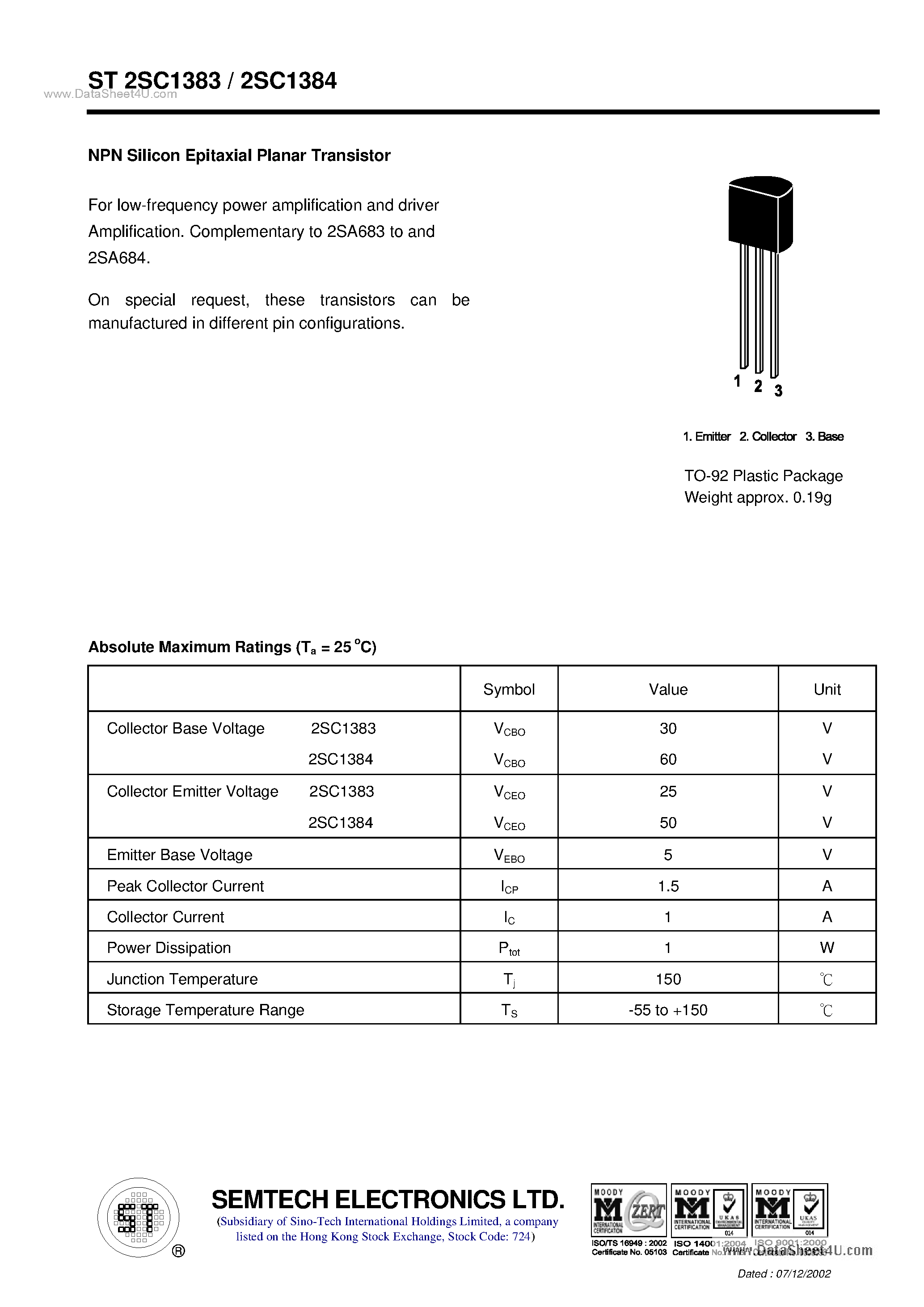 Datasheet ST2SC1383 page 1 Datasheet ST2SC1383 - (ST2SC1383 / ST2SC1384) NPN Silicon Epitaxial Planar Transistor page 1