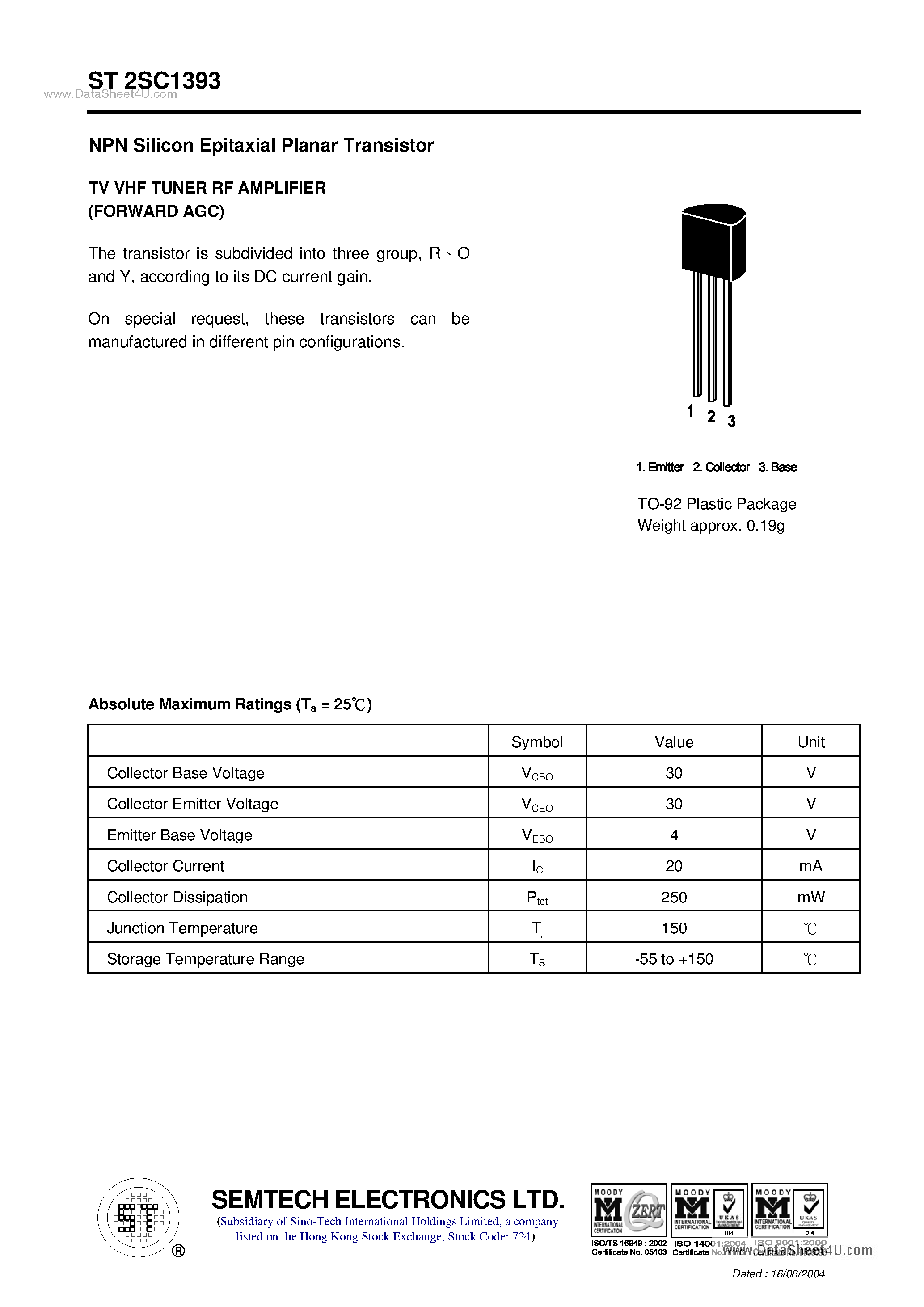 Datasheet ST2SC1393 page 1 Datasheet ST2SC1393 - NPN Silicon Epitaxial Planar Transistor page 1