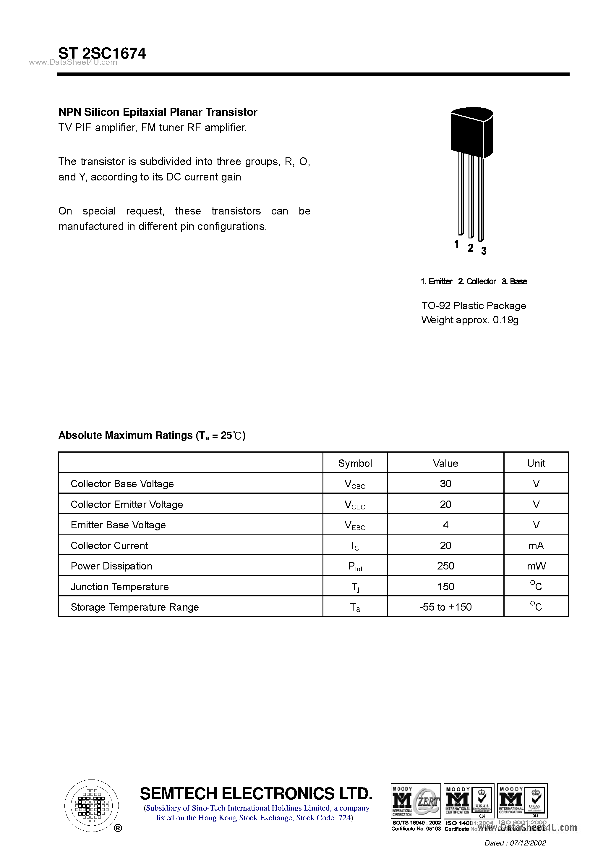 Datasheet ST2SC1674 page 1 Datasheet ST2SC1674 - NPN Silicon Epitaxial Planar Transistor page 1